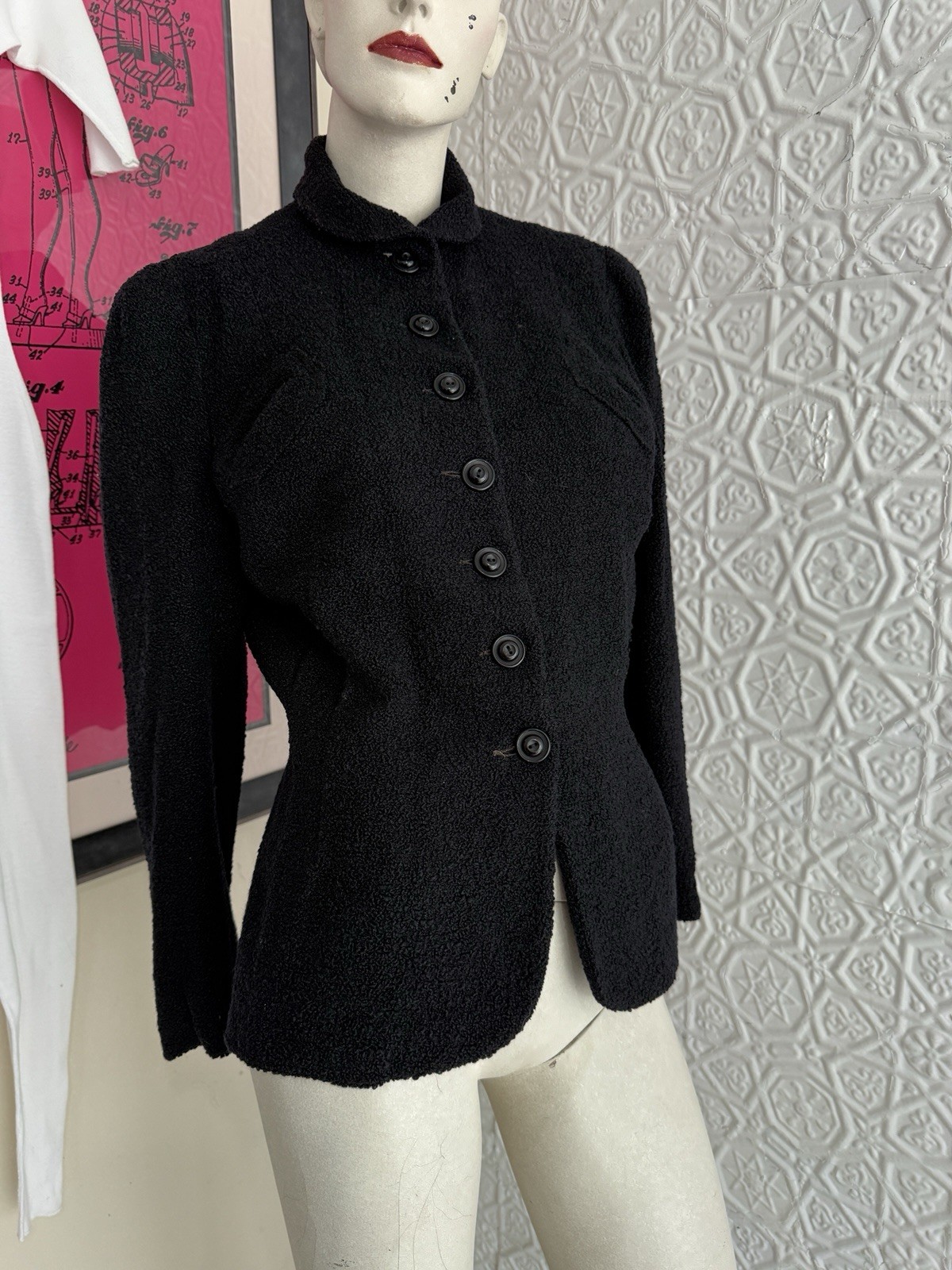Vintage 1940s women’s black wool boucle jacket-Tailored gothic vamp Antique Fall