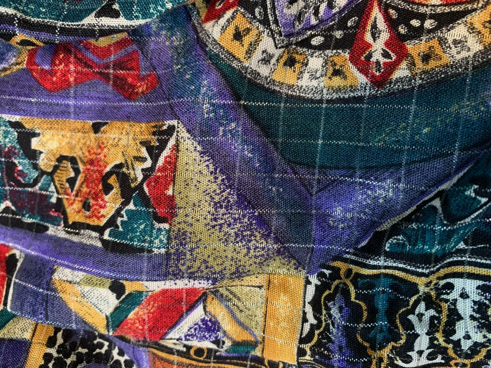 Vintage 90’s Multi Color Multi Pattern Rayon Top- 16, Purple Yellow Red Metallic