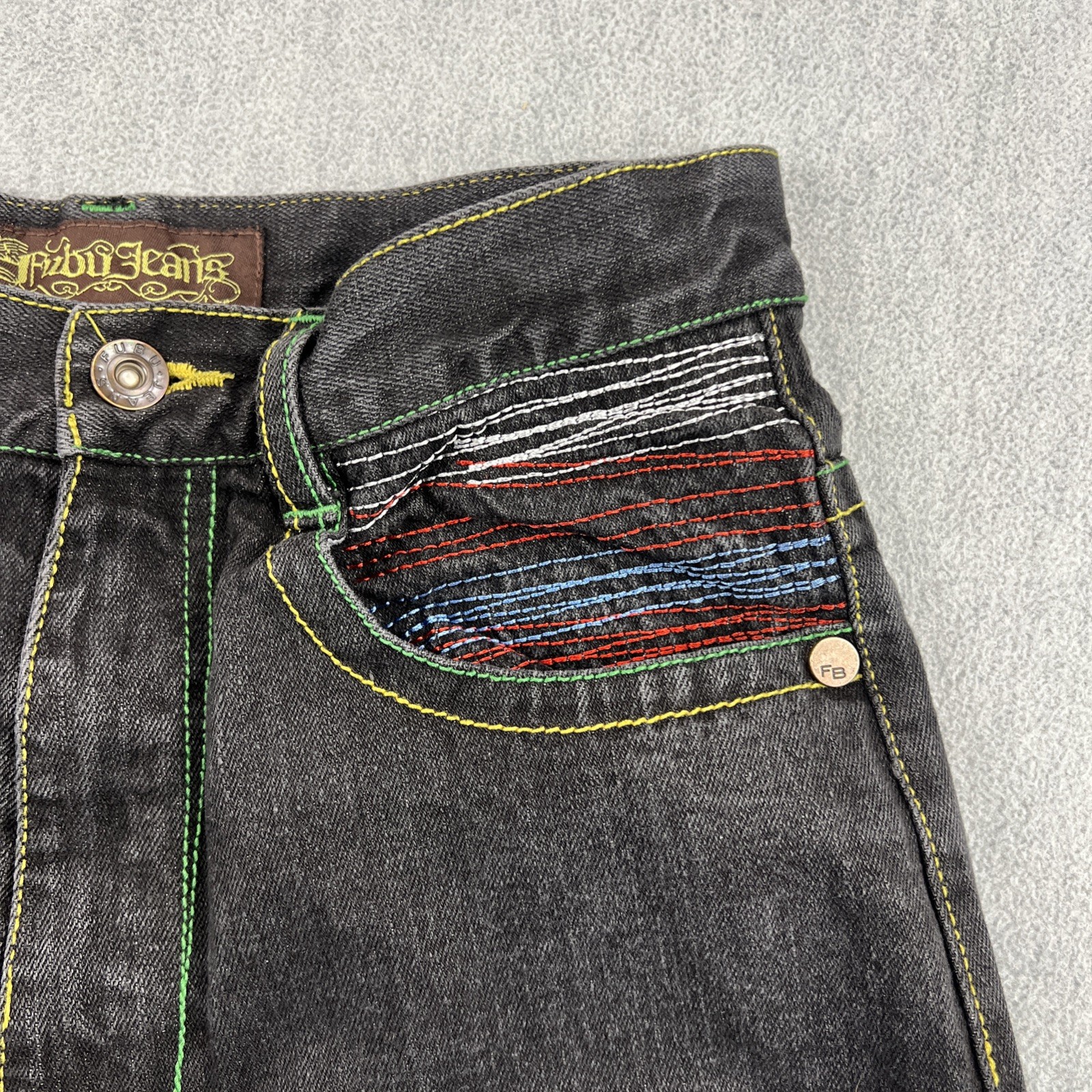 Vintage FUBU 90s Jeans Sz 16 (26×28) Distress Embroidered Pockets Baggy Skater