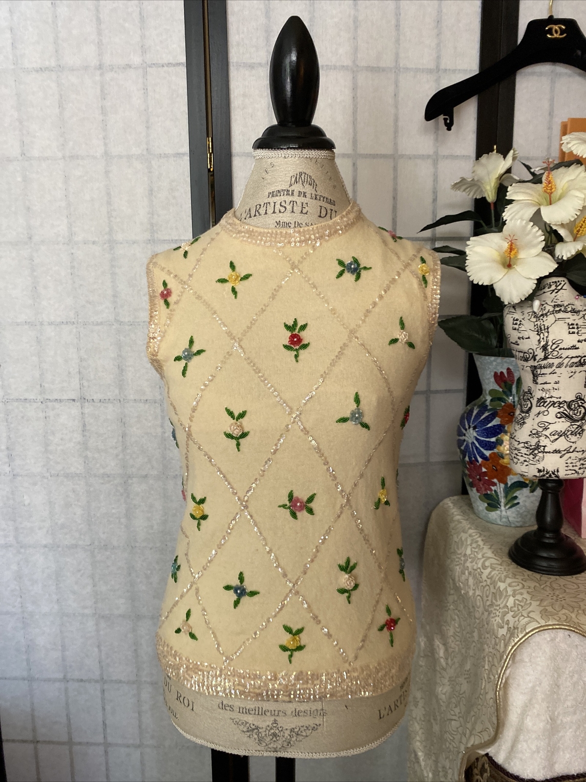 Marchessa Int’l 40/50’s Beige Embellish Sequin Crop Sweater Estim XS/S 32” Bust