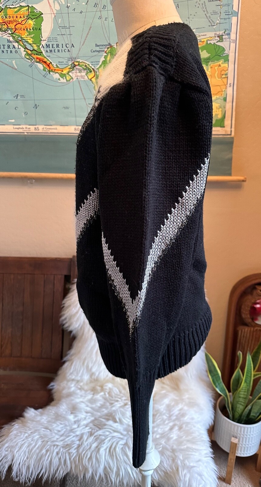 Vintage 80s 90s Maurada Black White Silver Geometric Diamond Holiday Sweater