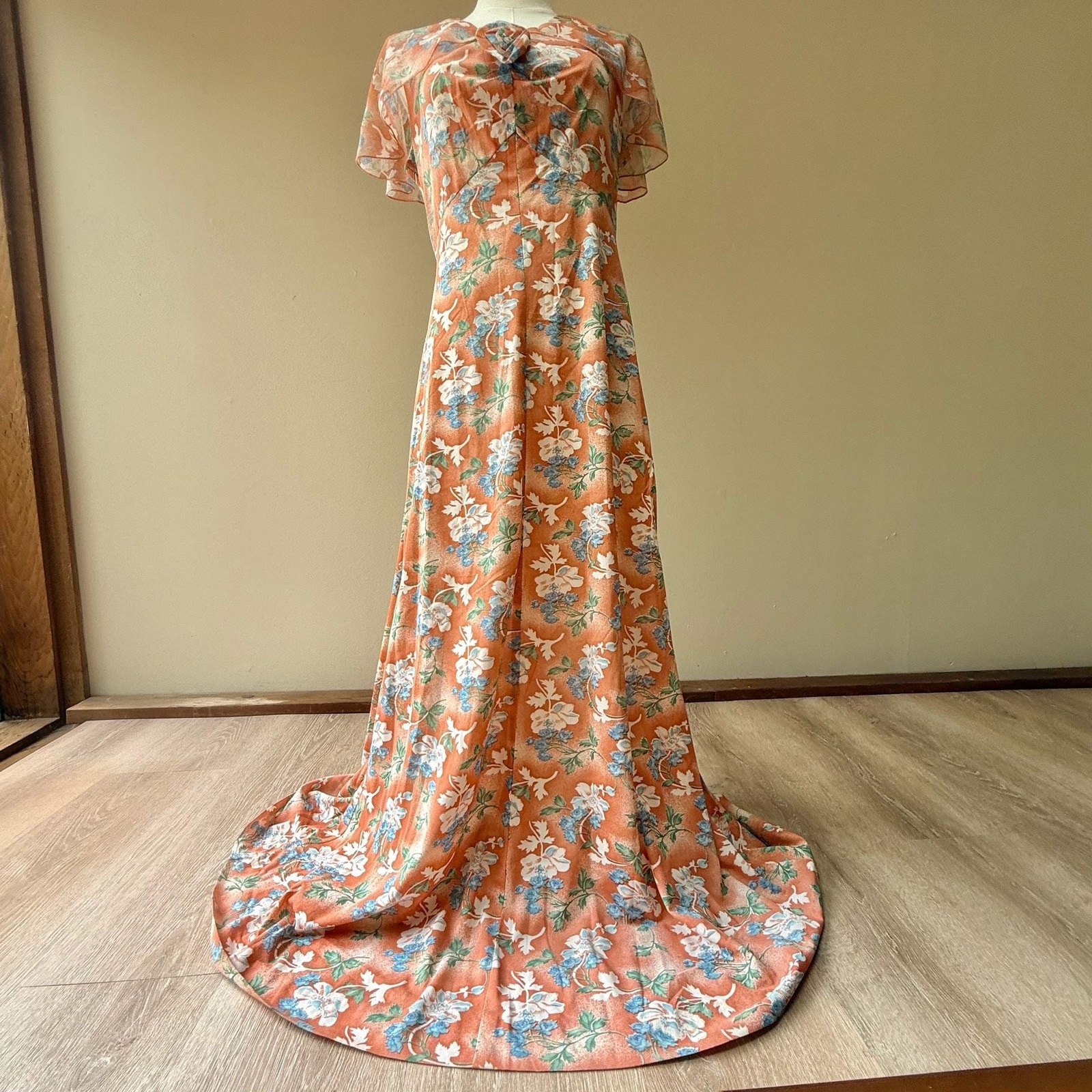 Vintage 1970s Orange Floral Print Maxi Dress Capelet Flutter Sleeve