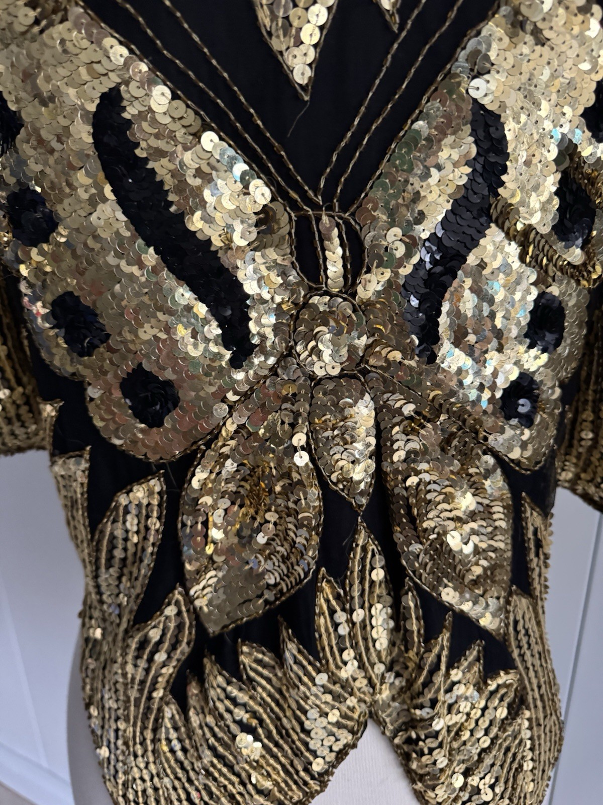 Vintage Black and Gold Disco Butterfly Top Beads and Sequins on Silk