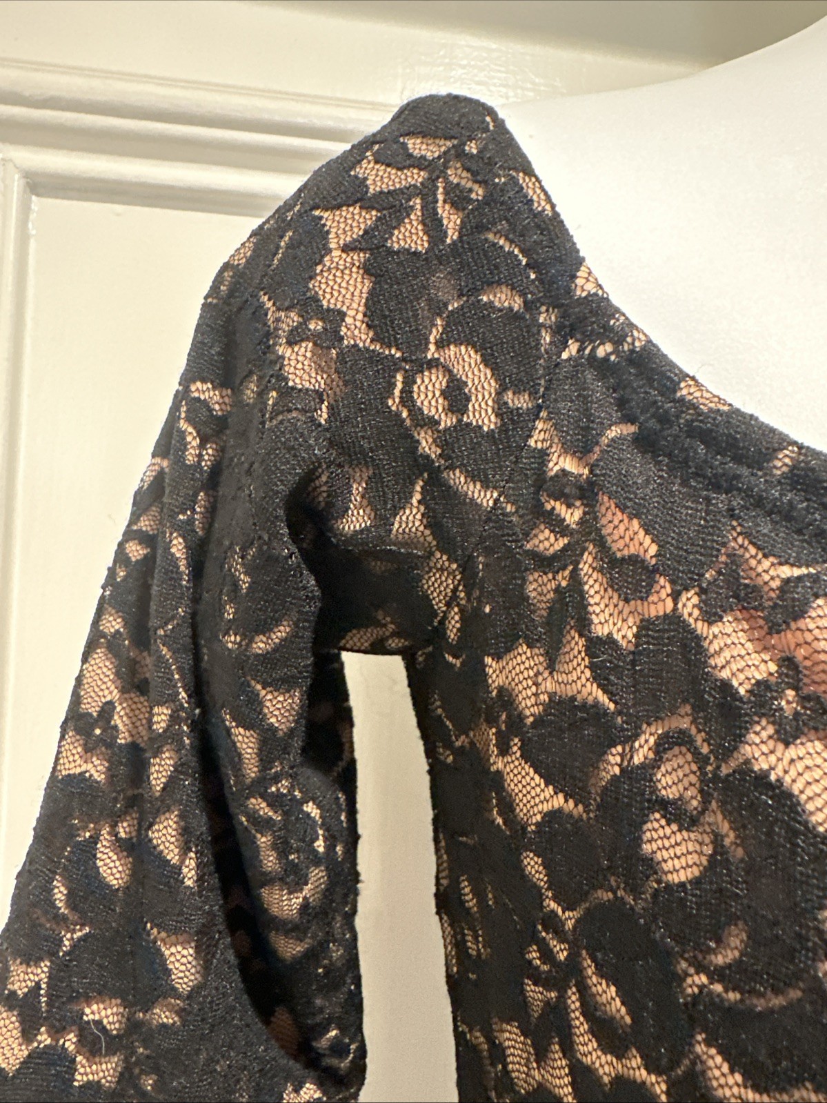 Omo Norma Kamali 90s Black Lace & Nude Shoulder Baring Empire Mermaid Maxi L