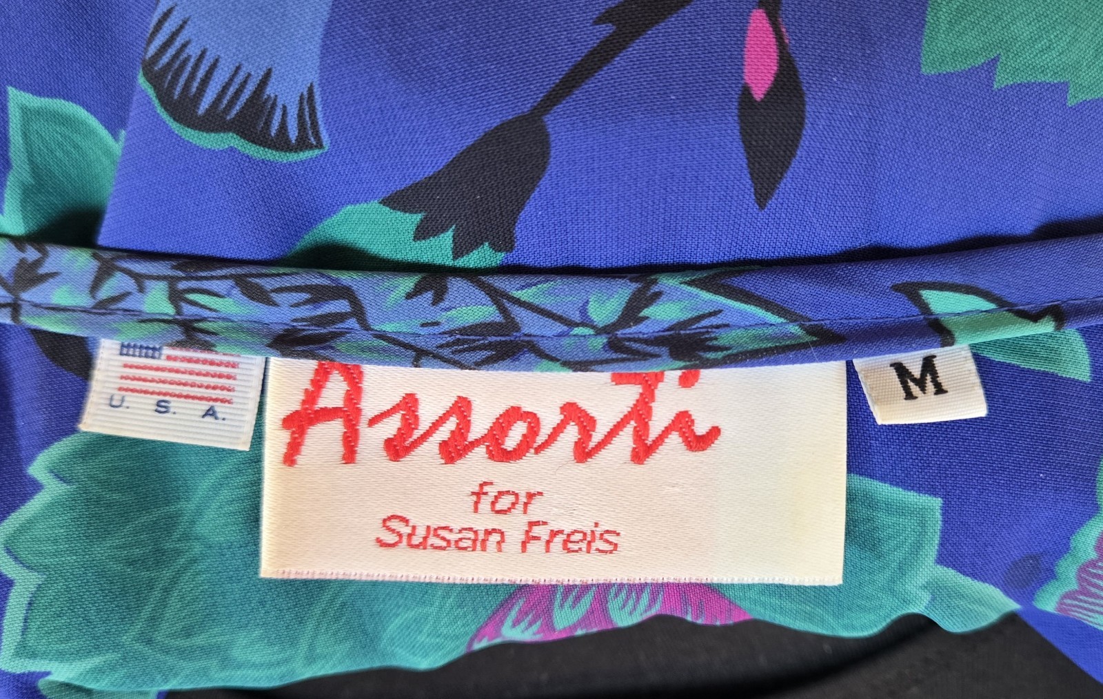 1980s ASSORTI FOR SUSAN FREIS Floral Ruffled Smocked Waist Full Sweep Dress Sz M
