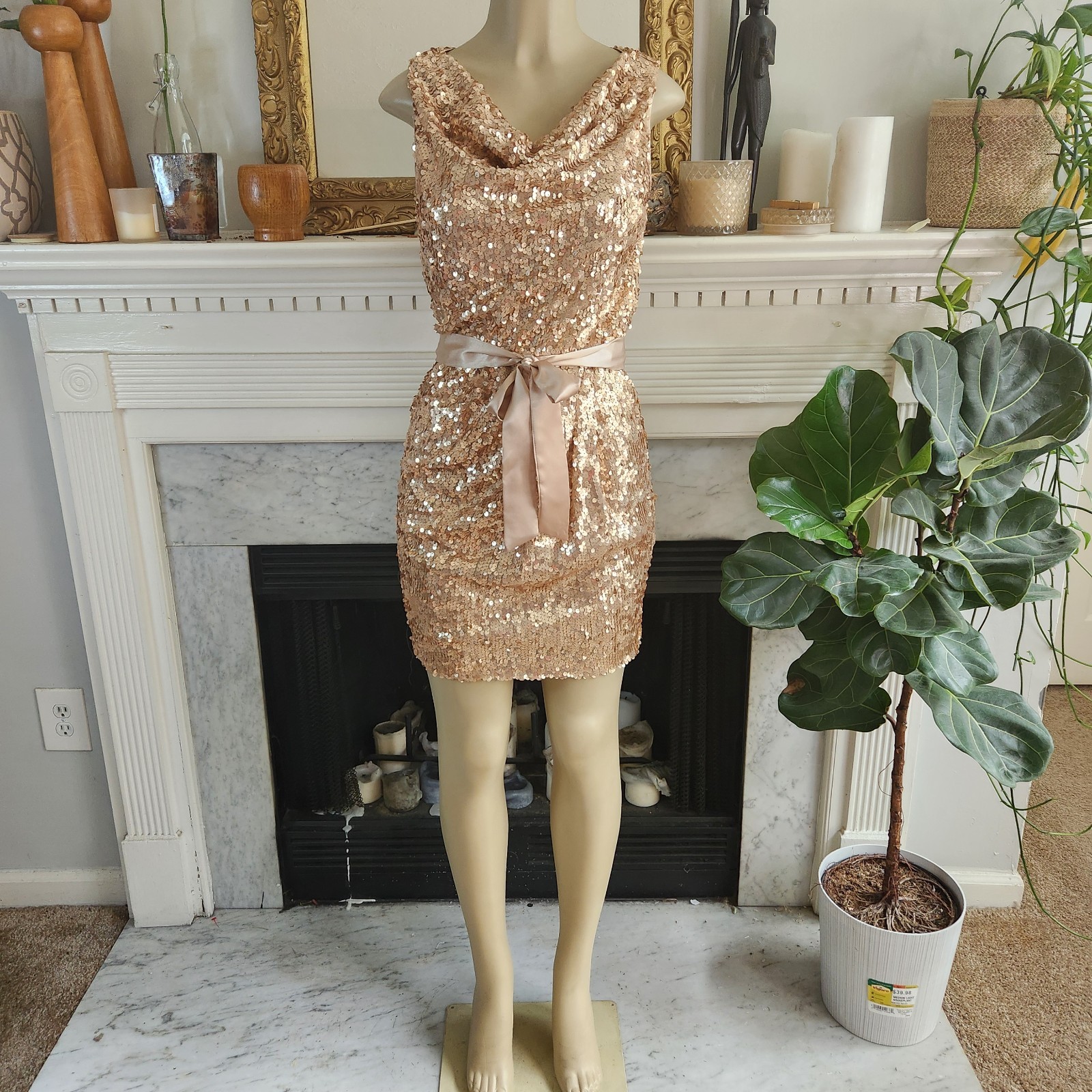 Vintage 90s Cache Gold Sequin Mini Dress Sz 4 Y2K Party Cowl Stretch Party Glam