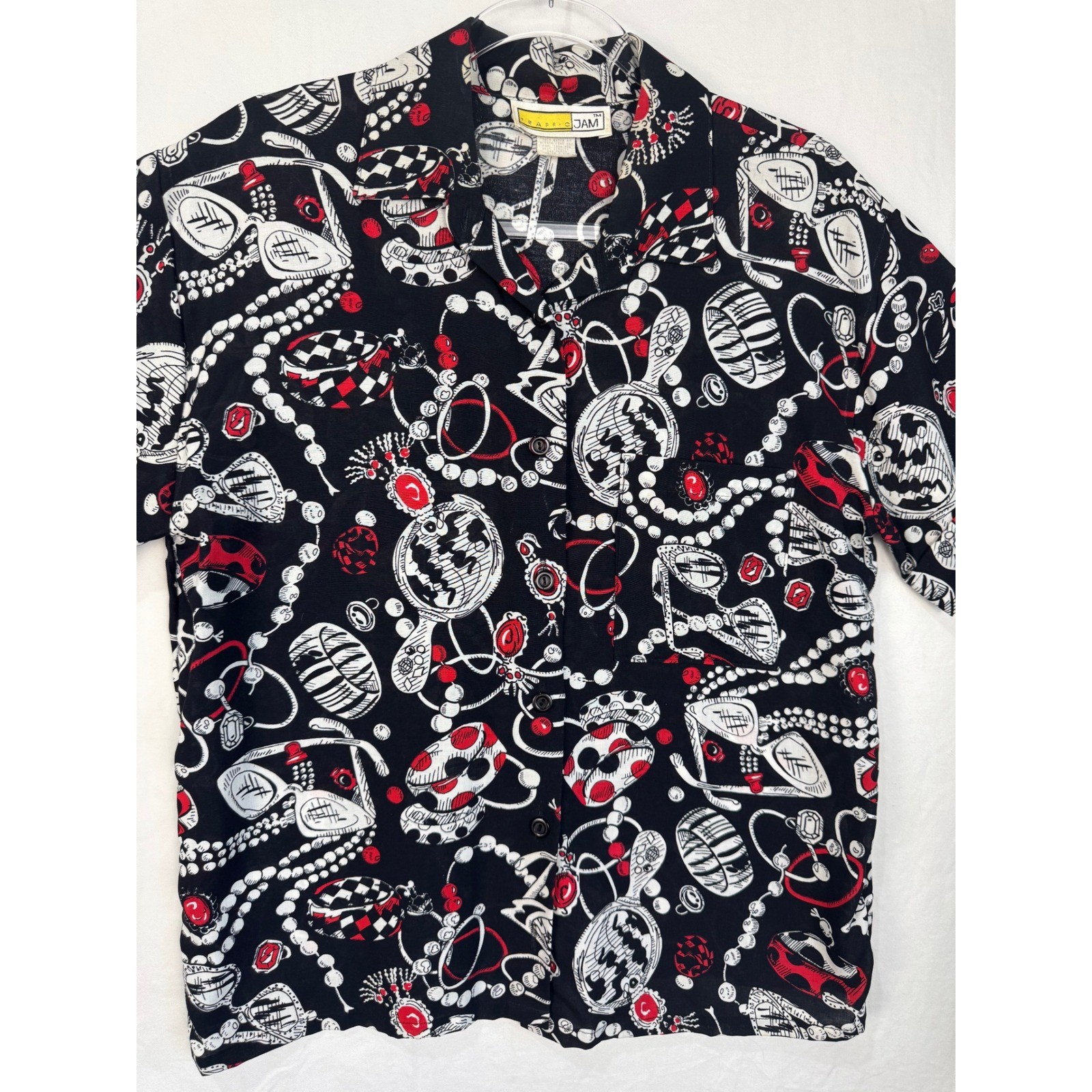 Vtg Traffic Jam Womens 90s Rayon Novelty Jewelry Print Blouse Red Black M