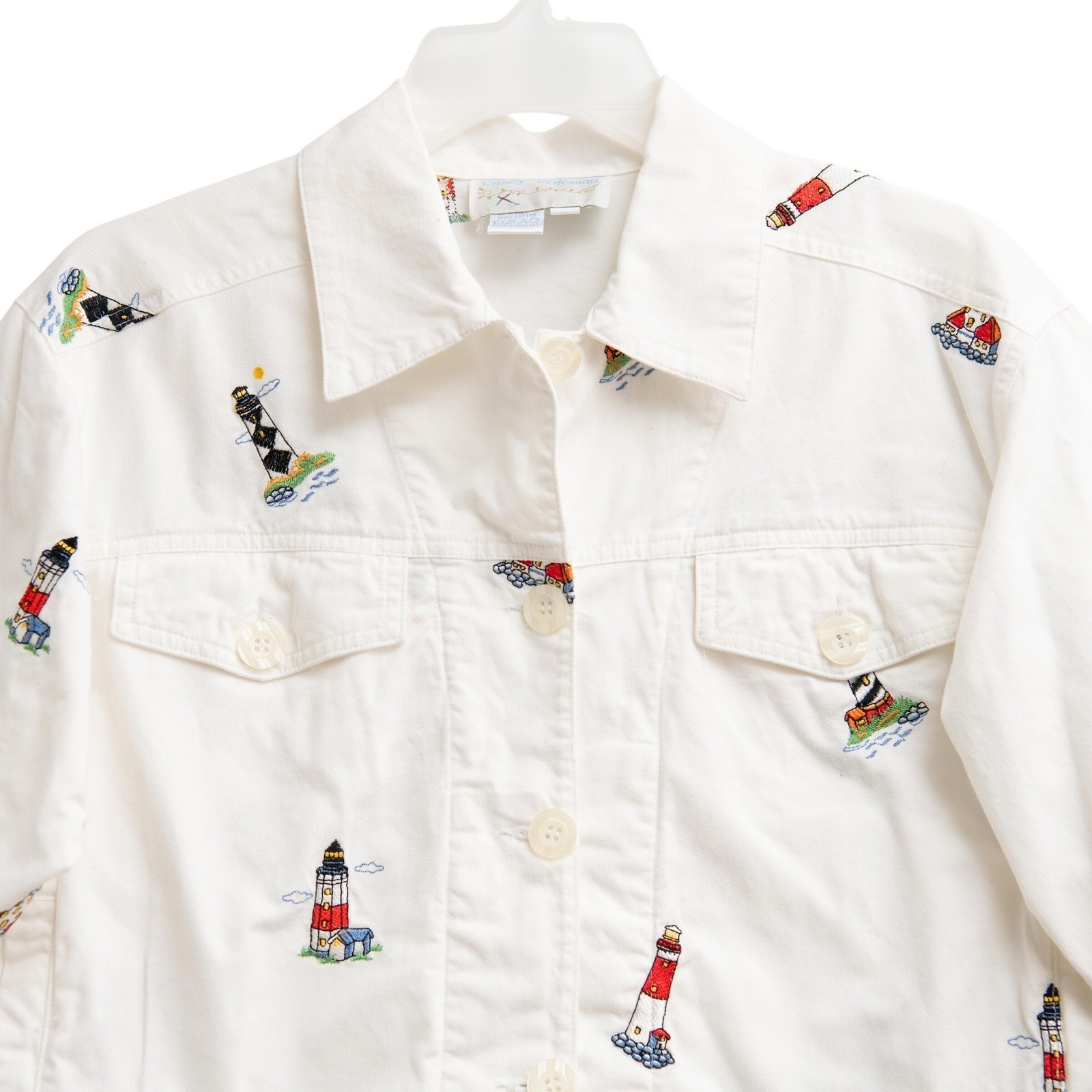 VTG 90s White Denim Embroidered Jacket Casey Coleman Sz S Lighthouse CottageCore