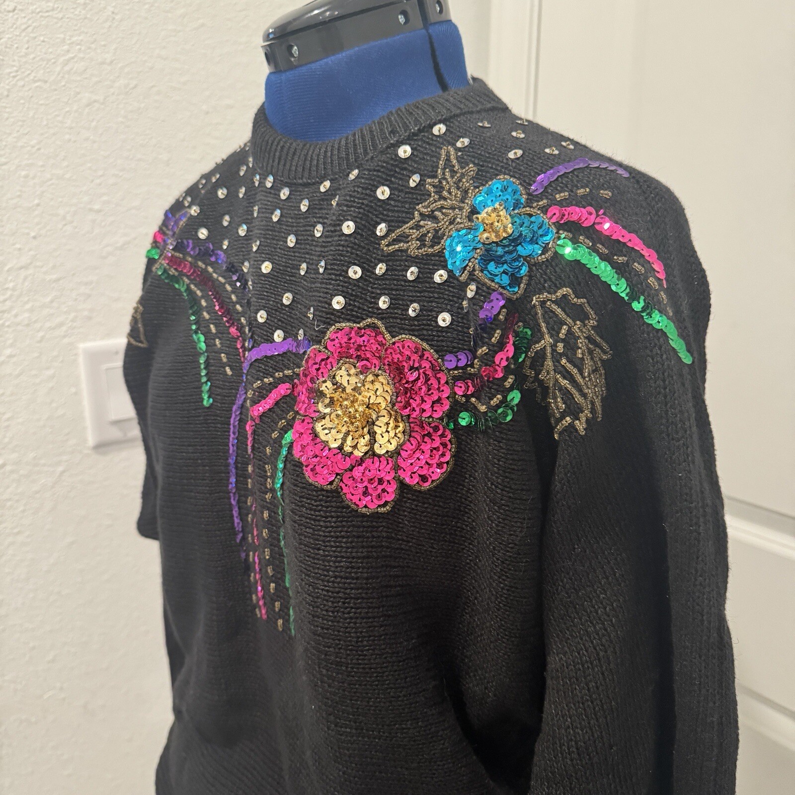 Vtg 80s Women’s Sequin Beaded Flower Black Fancy Sweater Pullover Size Medium