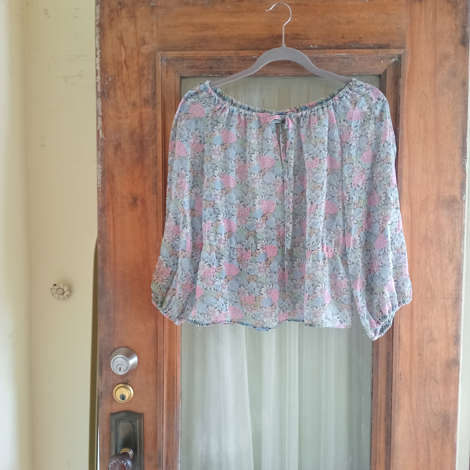 Vintage 70s Pastel Blue Floral 2 Piece Shirt Skirt Set S Hippie Boho Festival S