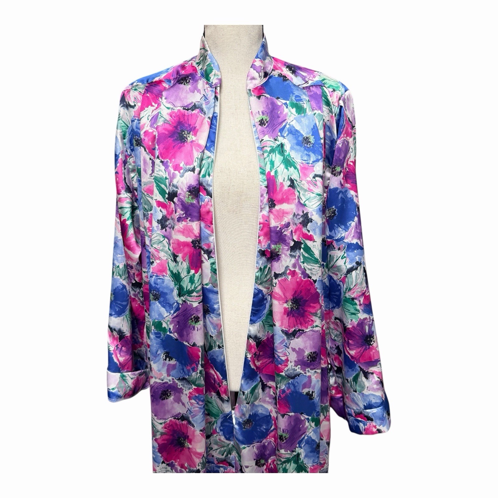 VTG Ariel Floral Satin Kaftan Maxi Robe Gown Small Zip Front Shoulder Pads 90s