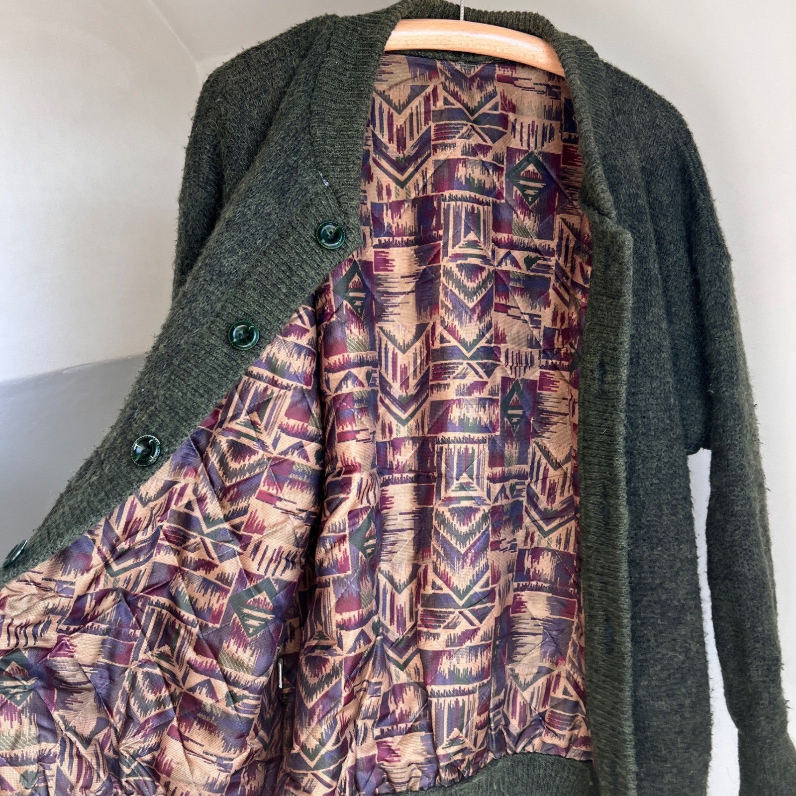 Vintage Cardigan Sweater XL Green Mohair Wool Blend Quilted Lined Oversized