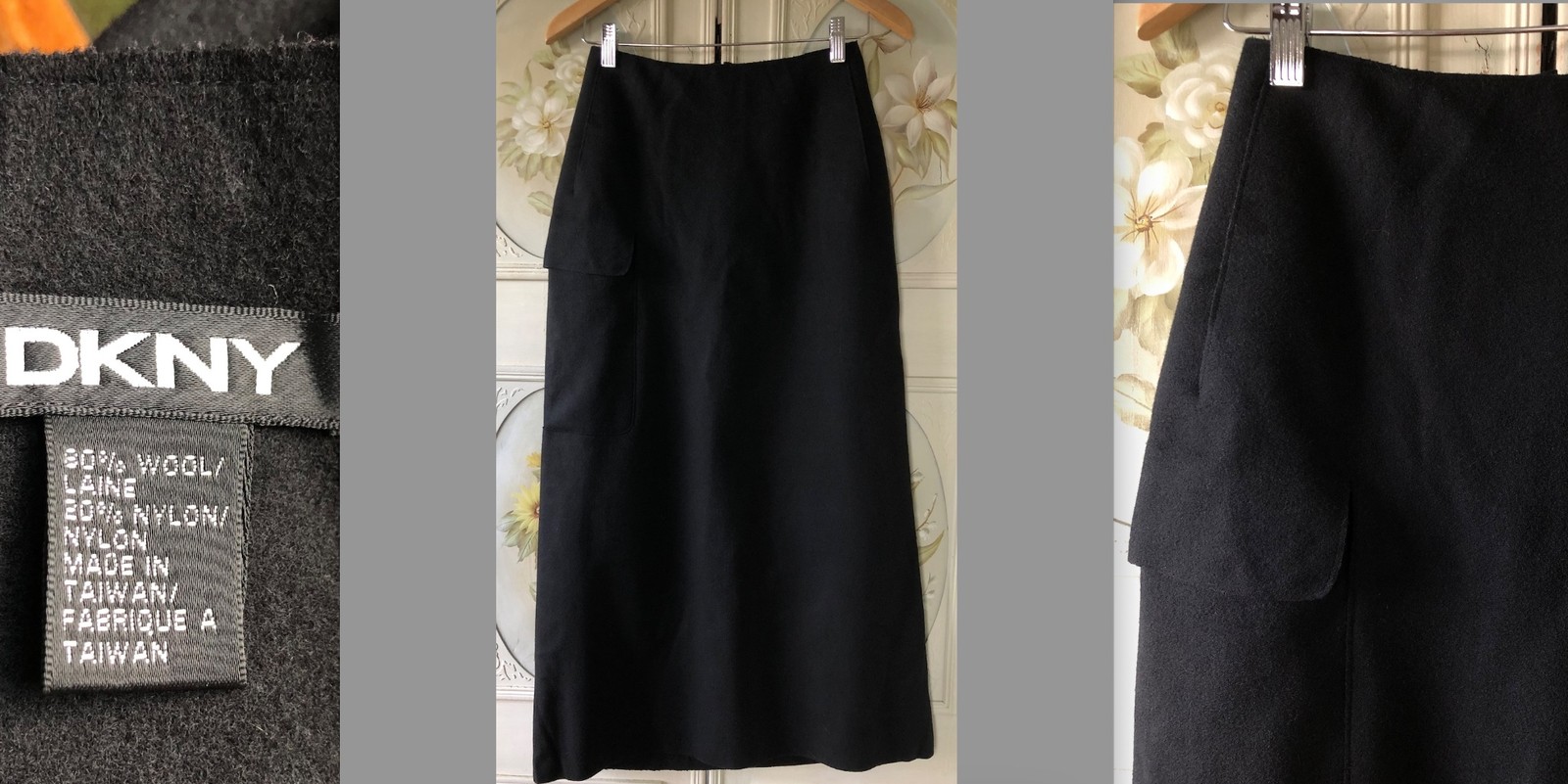 VTG 90s DKNY DONNA KARAN NEW YORK BLACK WOOL-BLEND FELT MIDI SKIRT 2 EUC CLEAN