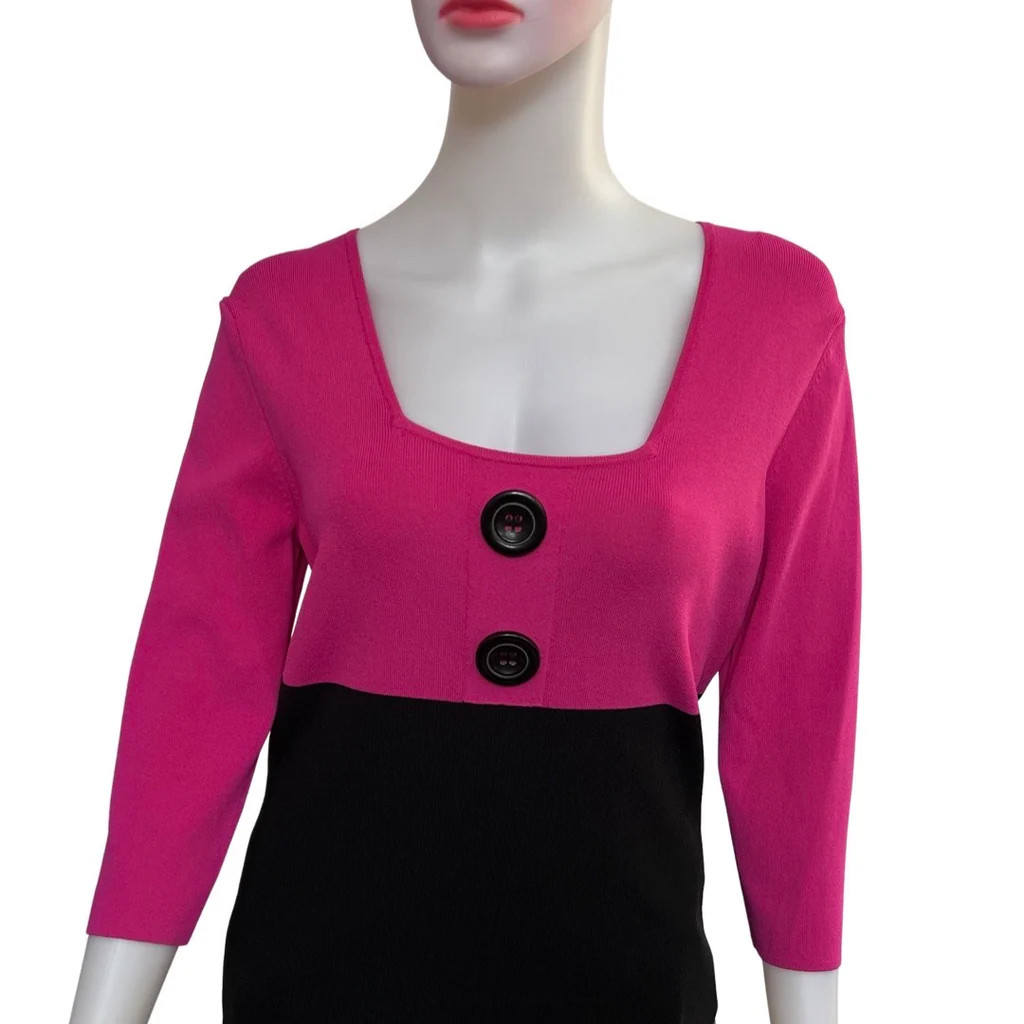 Vintage 80s Pink Black Colorblock Knit Top Women’s M Bold Barbiecore