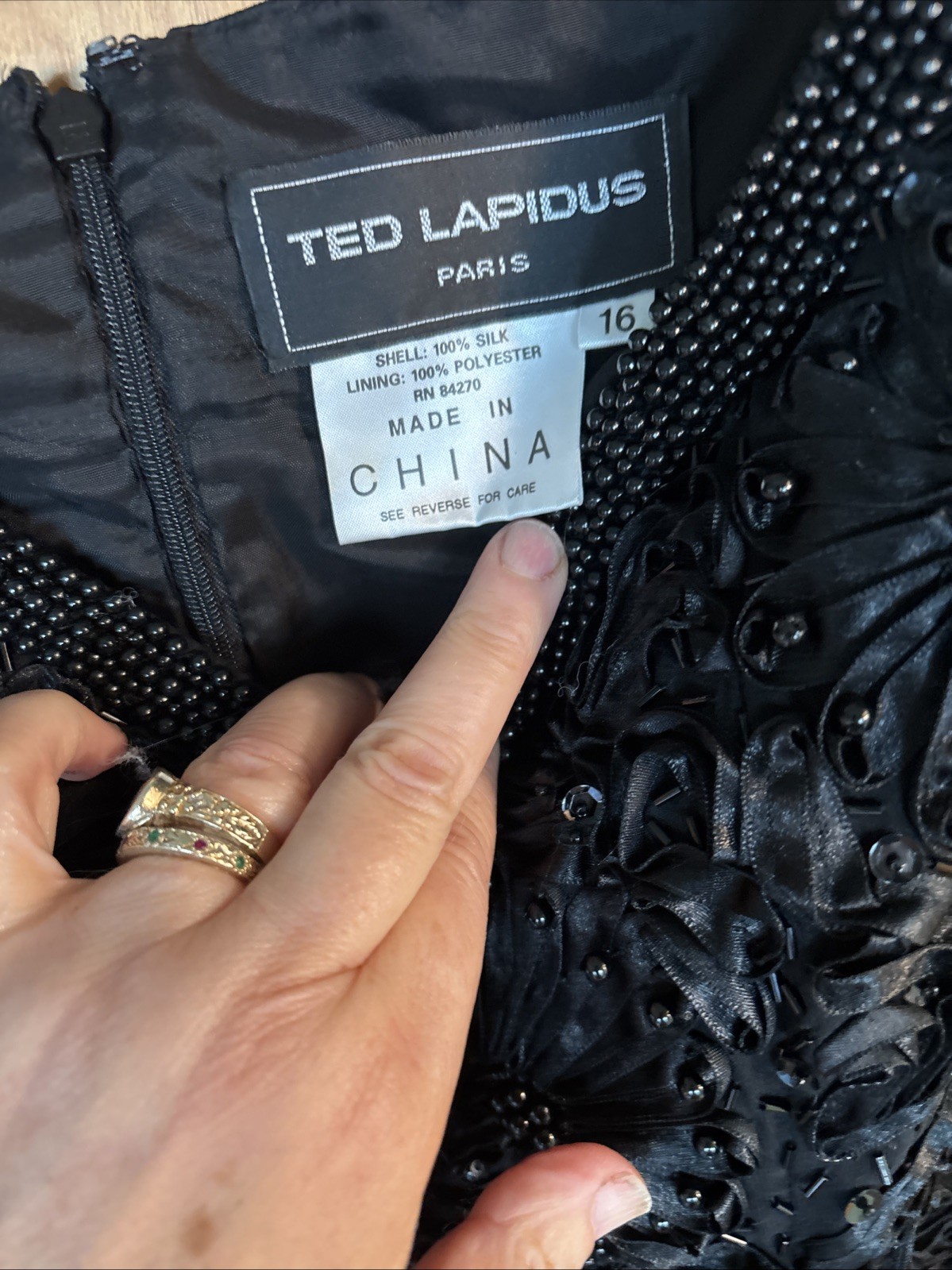 56 VTG Ted Lapidus Paris Off Shoulder Silk Beaded Dress Gown Black Soutache 16