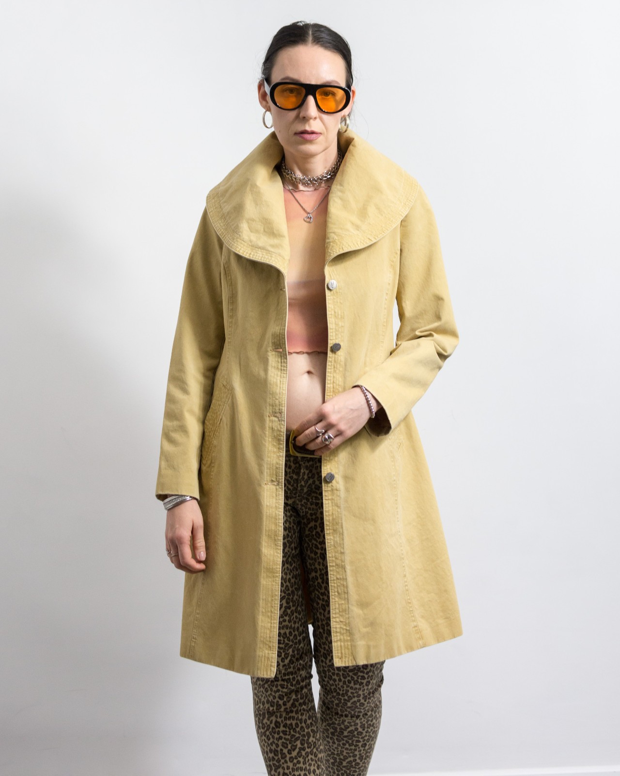 Vintage Denim Trench Coat Sand Wash Belted Tailored Fit L