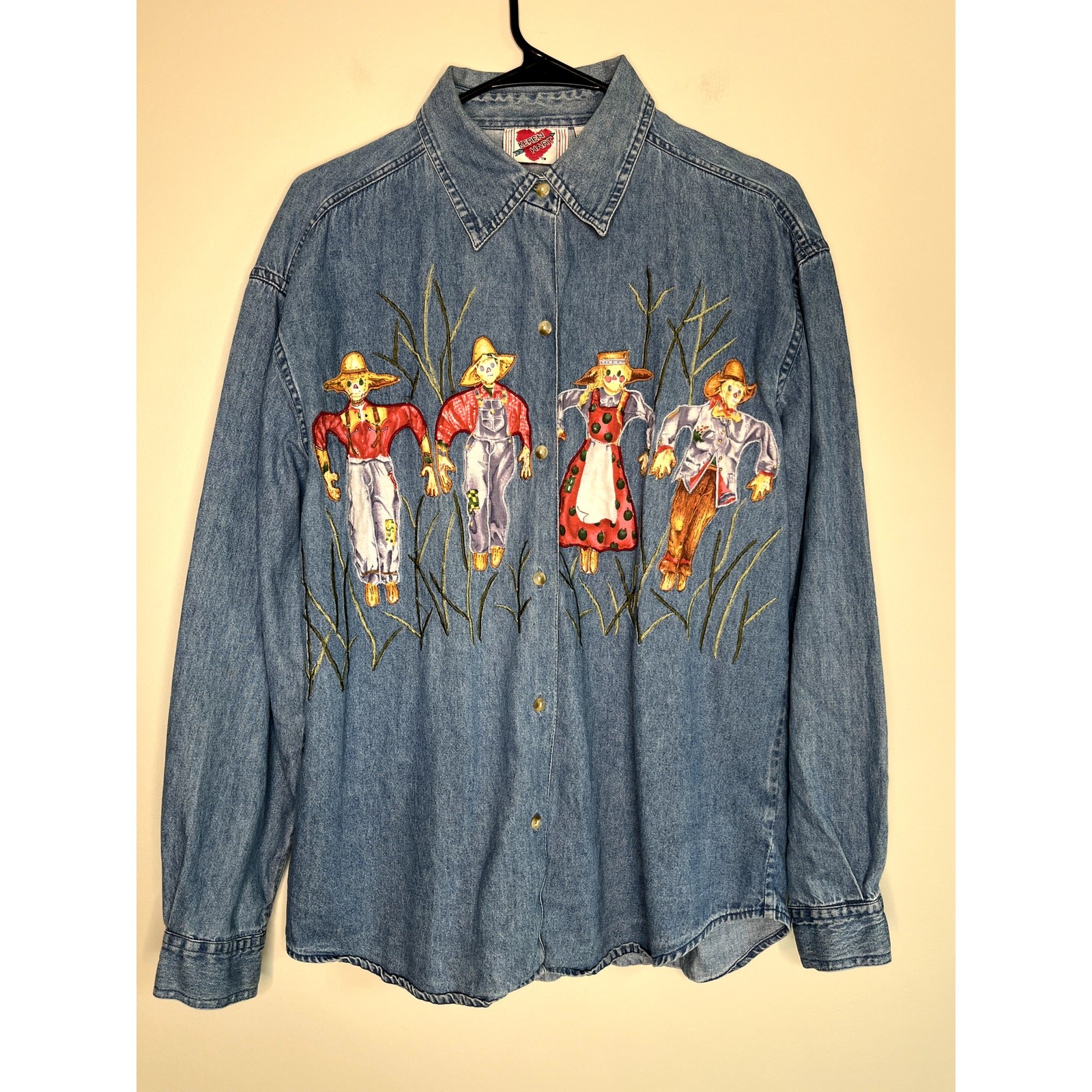 1990s Keren Hart Scarecrow Fall Halloween Granny Chambray Artsy Denim Shirt M