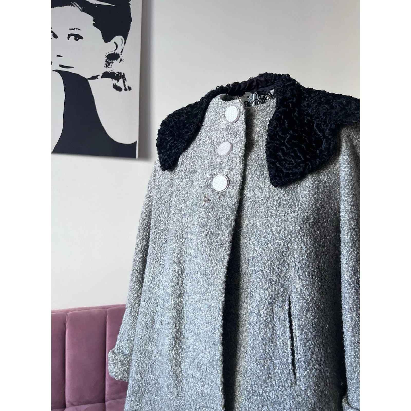 Vintage 40s Oatmeal Wool Boucle Swing Coat Persian Lamb Fur Collar Gray
