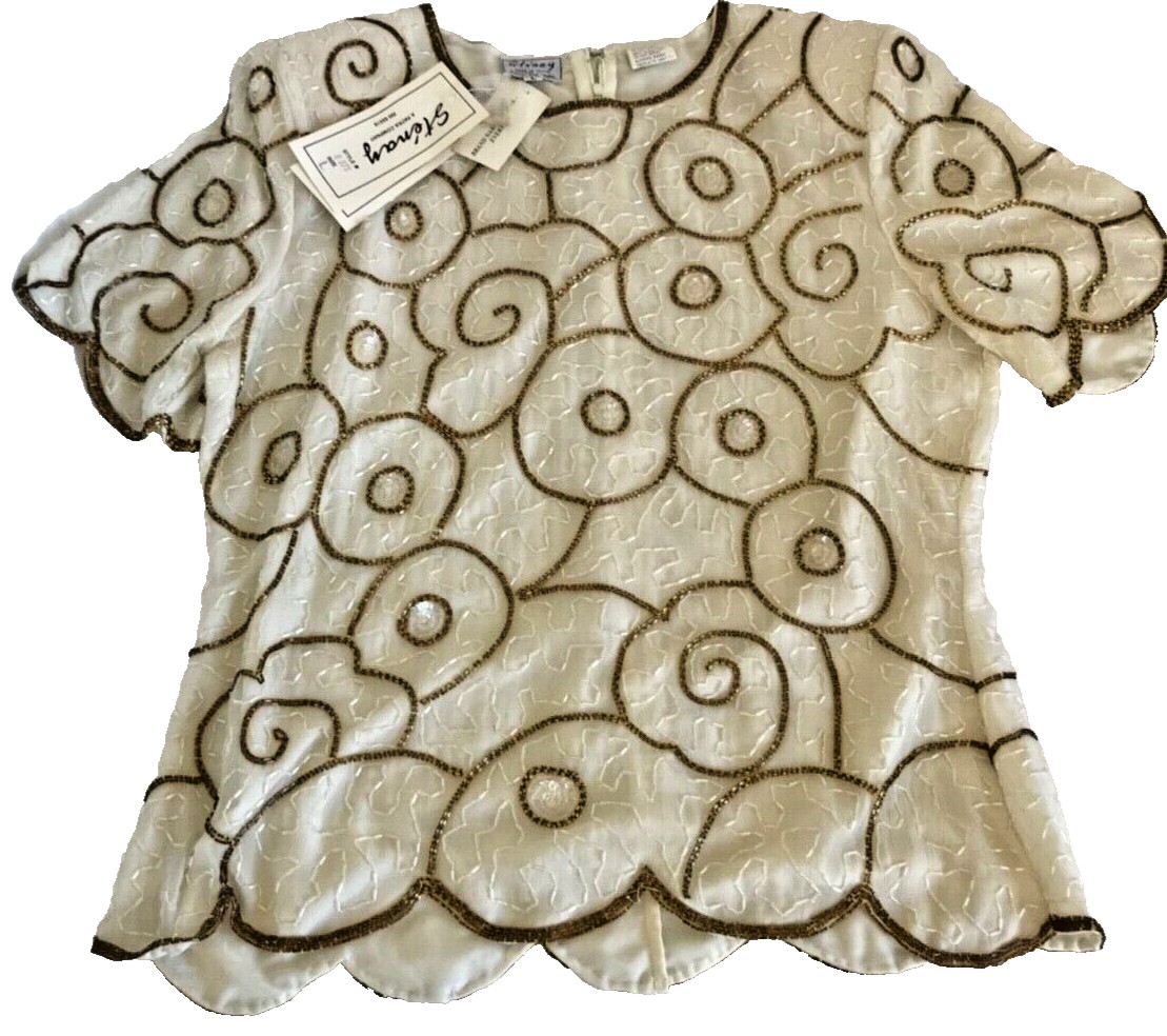 Vintage Silk Beaded Top, Ivory & Gold Stenay Deadstock Blouse, Shirt Formal L