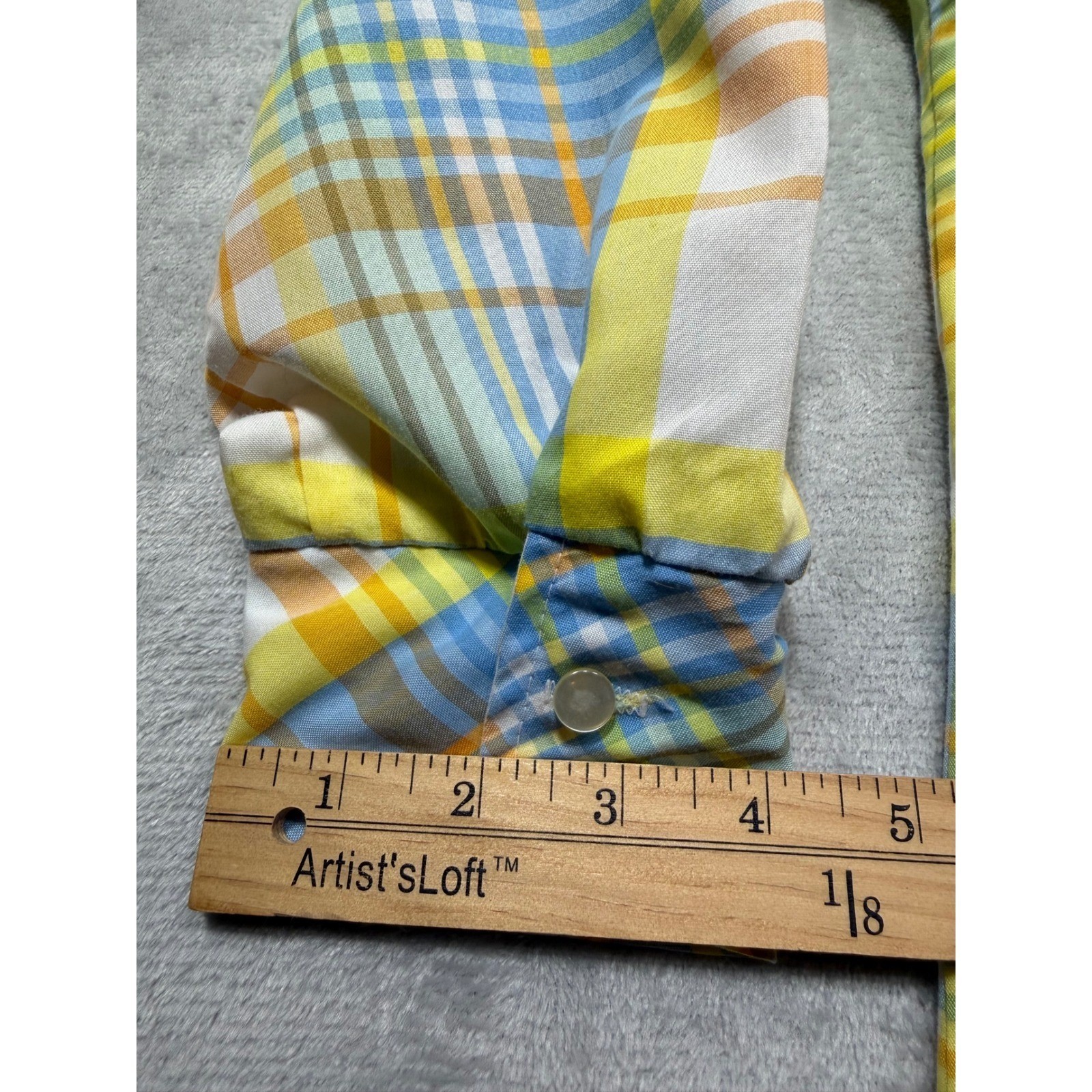 Vintage 70s Plaid Dagger Collar Button Down Blouse Blue Yellow Orange Size 14