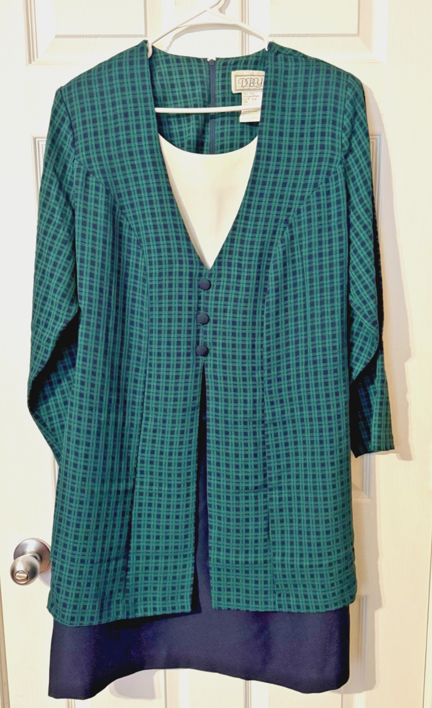 Vtg DBY Super Cute Layered Mid Dress Navy/Green Checkered White V neckline Sz 14