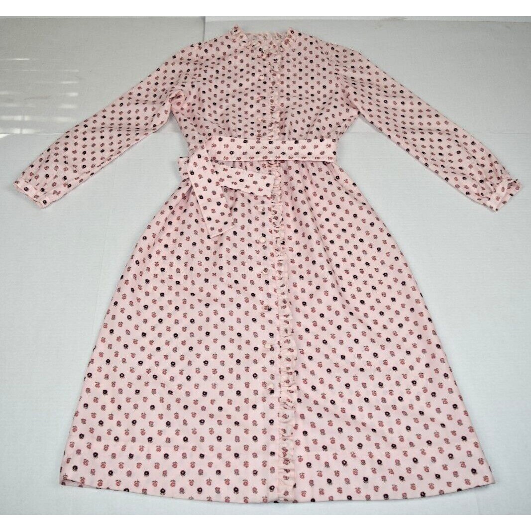 Vintage Dress Serbin Muriel Ryan Size S 70s Pink Flowers Belt Tie Full Button