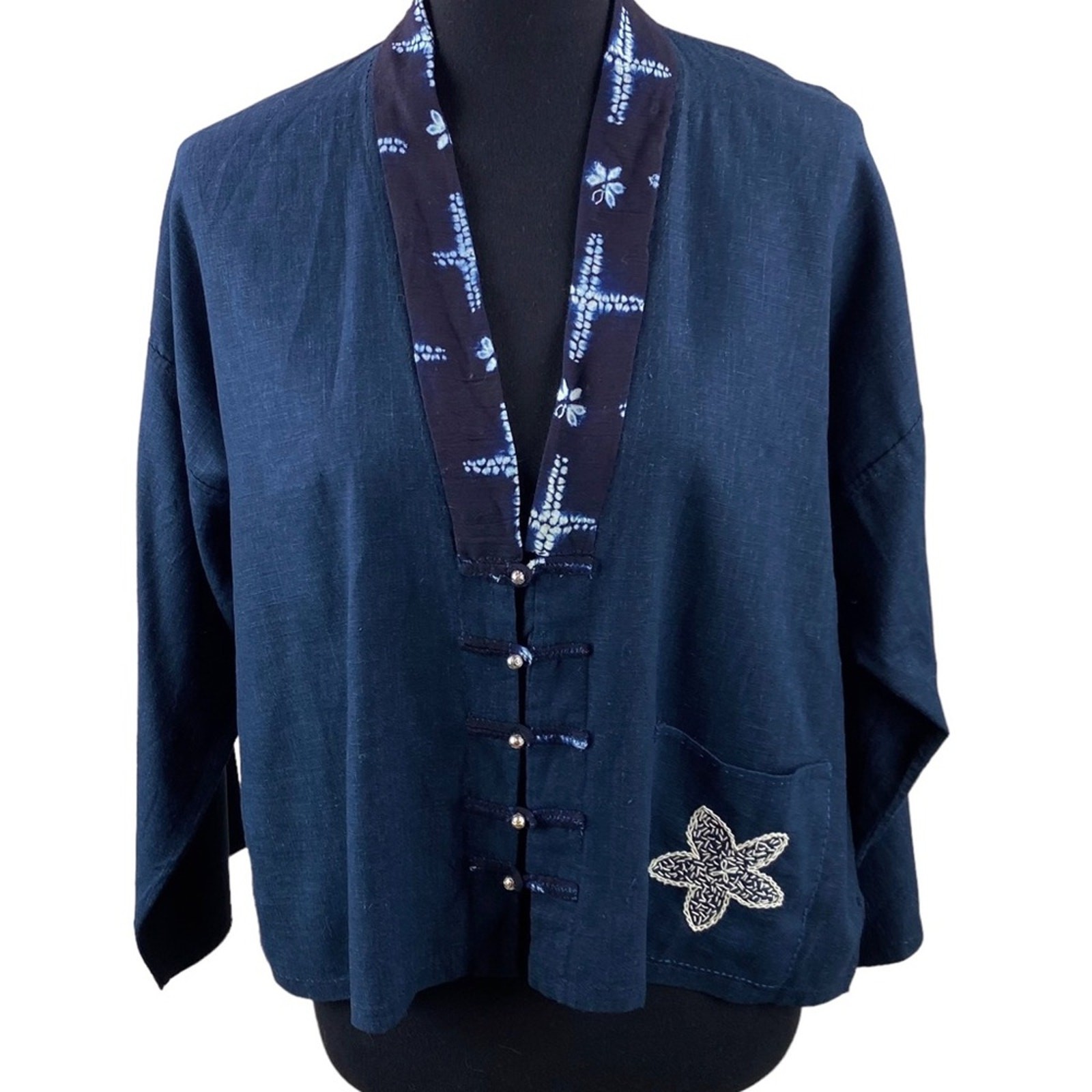 Boho Womens Handmade Lightweight Indigo Batik Jacket Size M/L Art to Wear