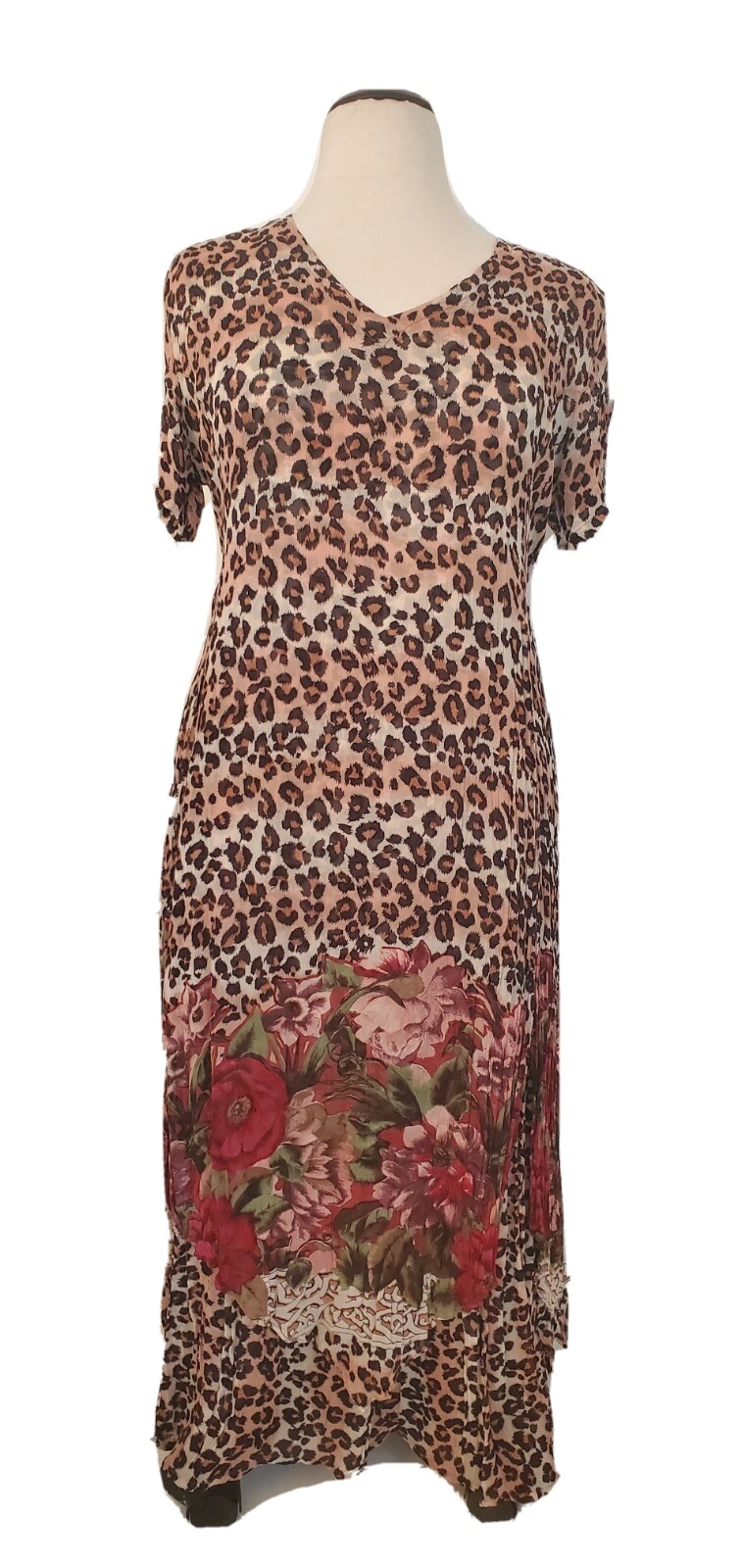Vintage 90s Lola P. Leopard And Rose Crinkle Rayon Dress Large art wear