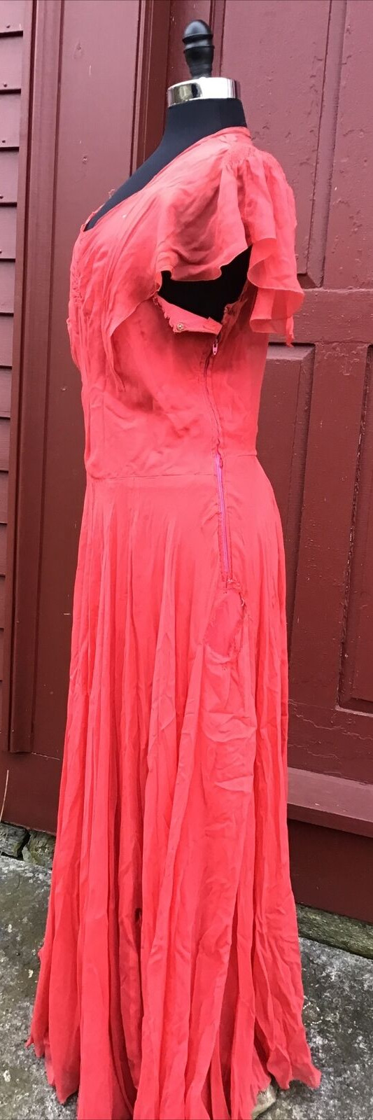 TRUE VINTAGE 1930’S 40S HOT PINK CHIFFON EVENING GOWN BEAUTIFUL DRAPE & DESIGN