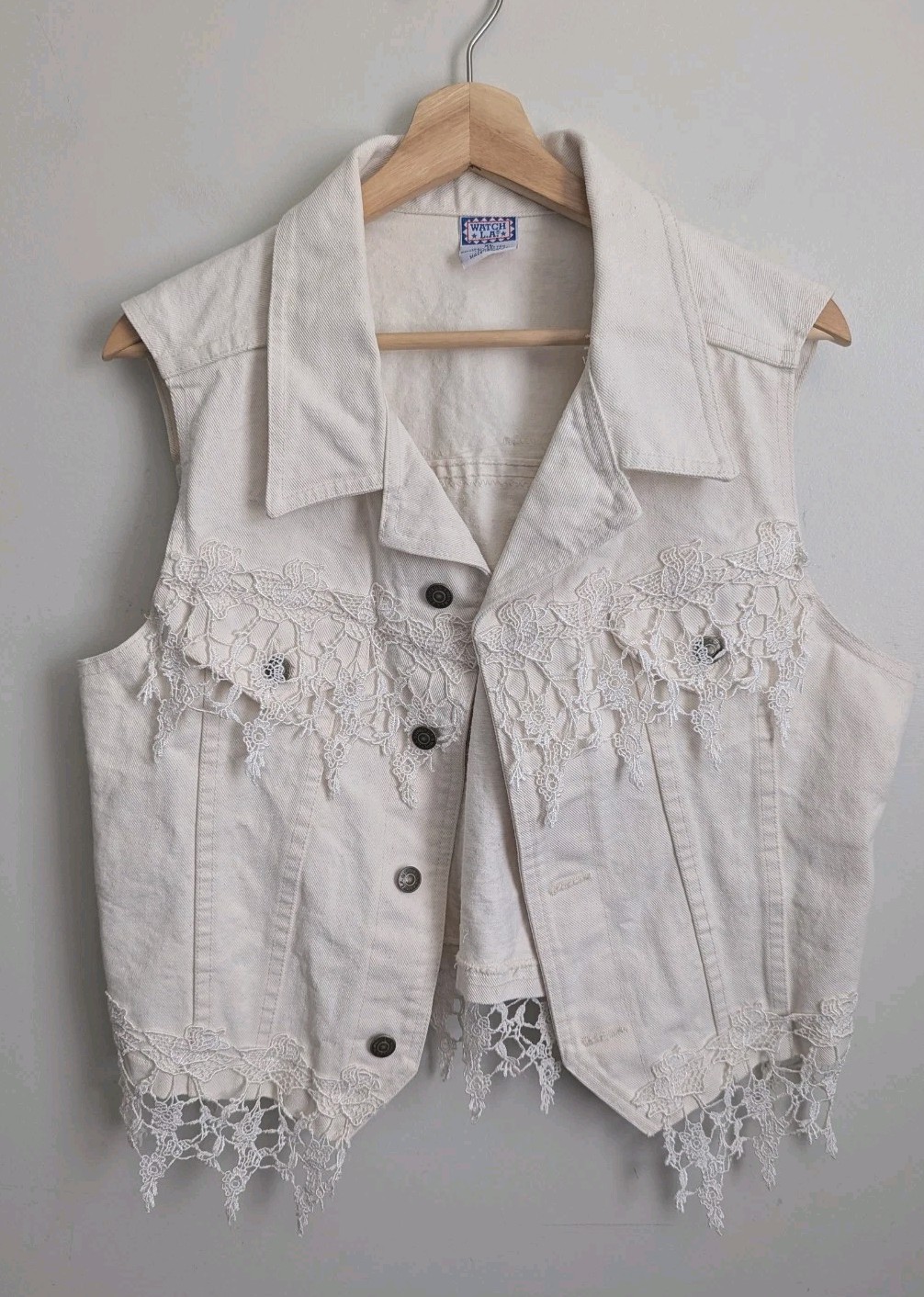 VTG Cream Denim Vest Womens L Lace Trim Rodeo Cowgirl Festival Country Boho 90s