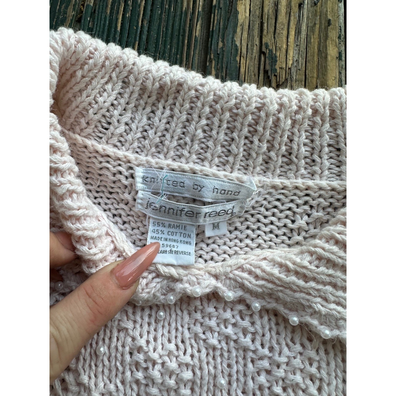 Jennifer Reed Vintage Hand Knit Pink Pearl Collar Ramie Cotton Sweater Medium