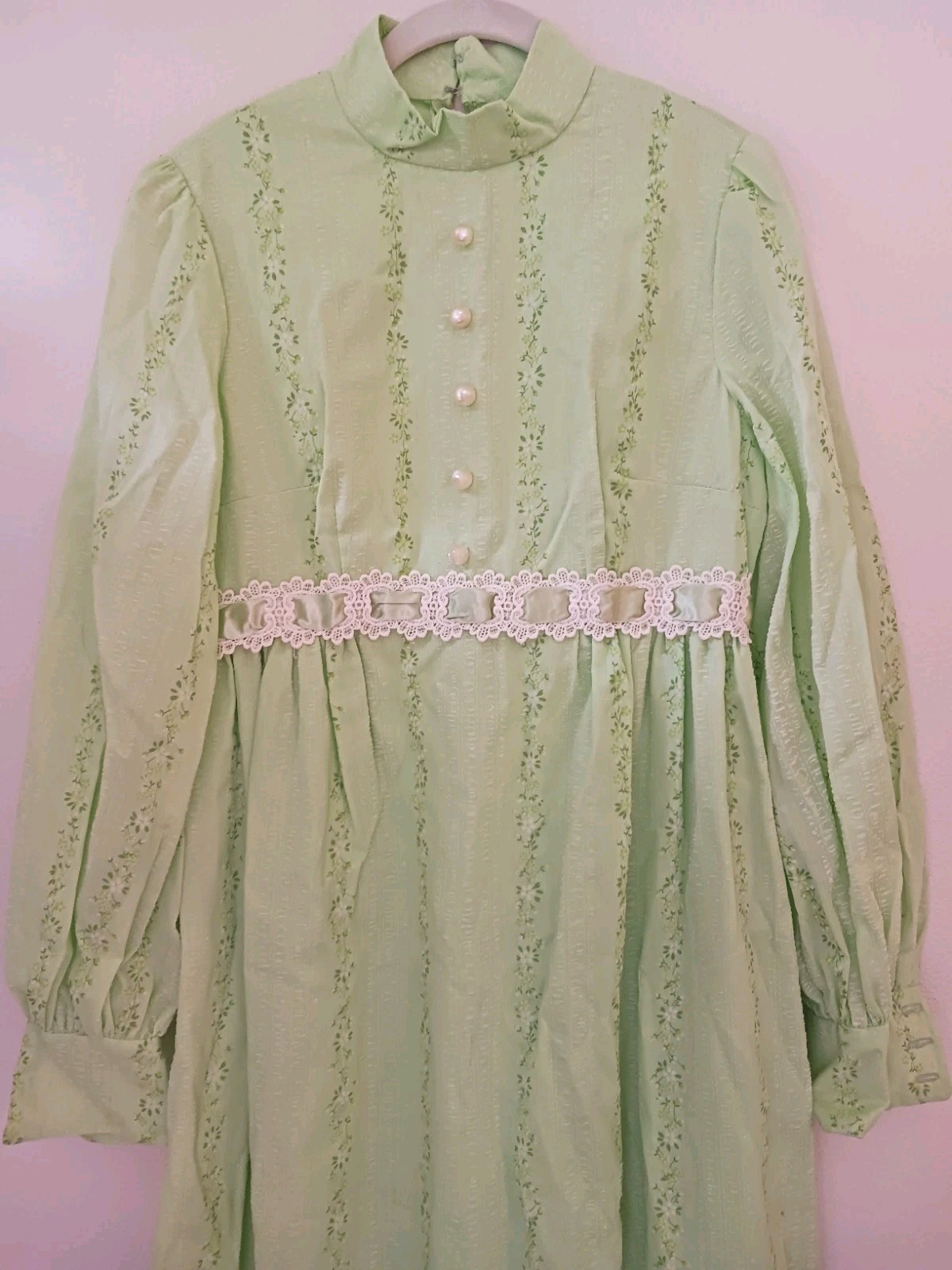 Handmade 1970s Romantic Prairie Style Long Dress S 37 Green Floral Lace Ribbon