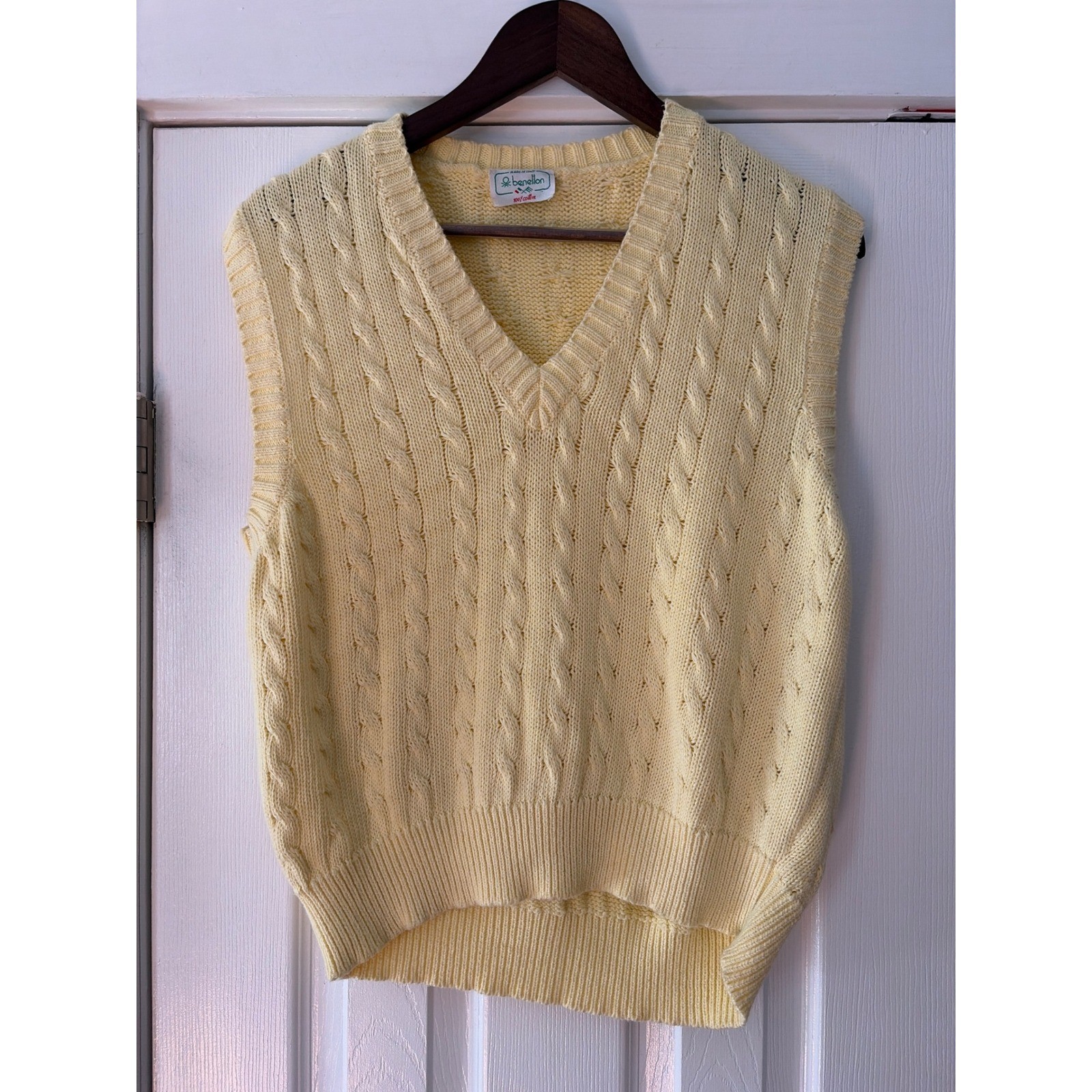 Vintage Benetton Yellow Cable Knit Sweater Vest Italy 100% Cotton V-Neck Est. M