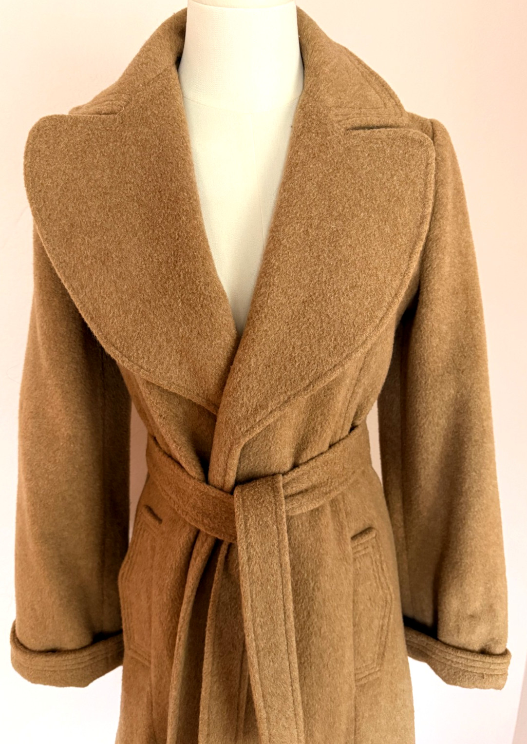 Vintage Camel Wool Belted Coat Tailored Fit & Flare Minimalist Quiet Luxury 70’s