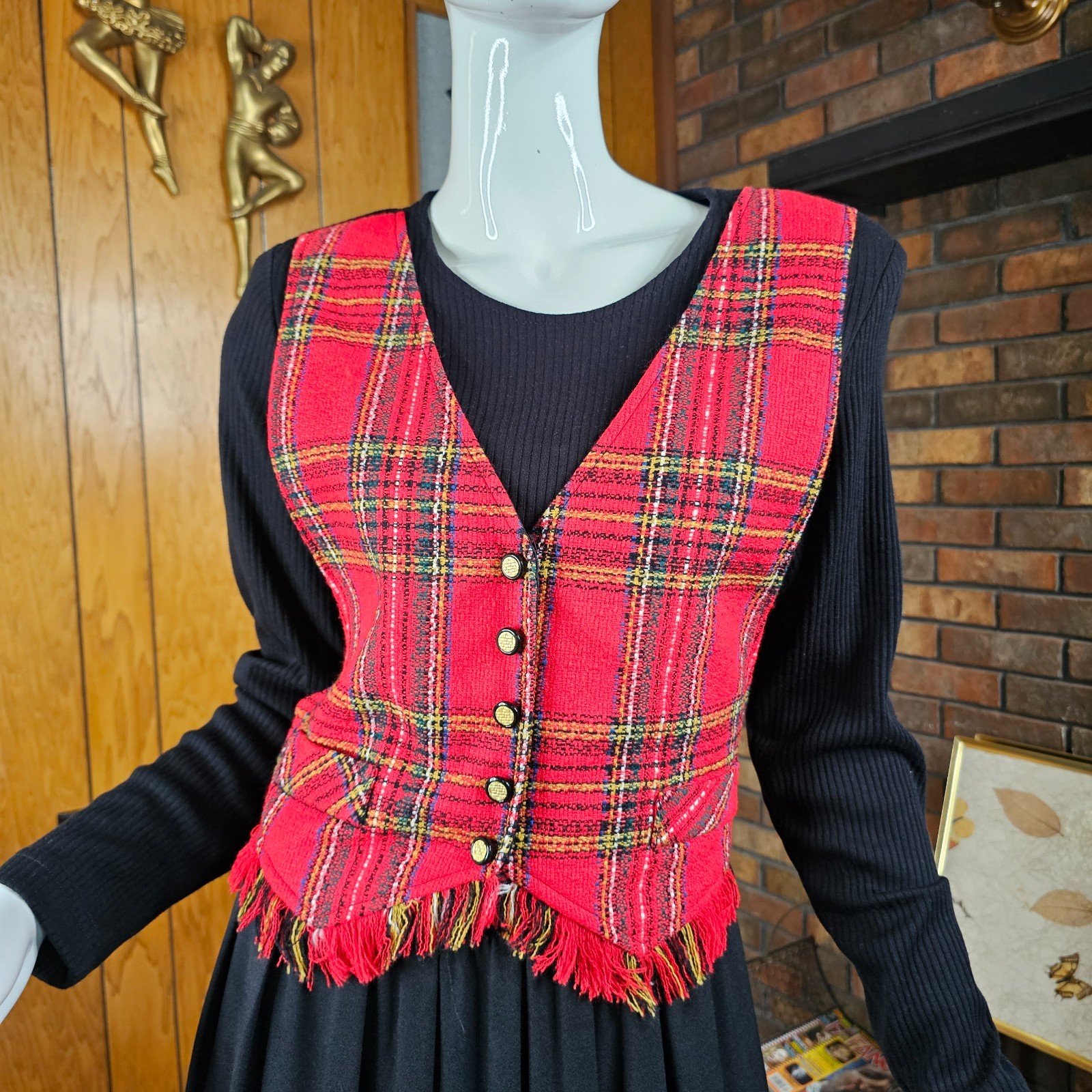 Vtg 90s Dark Academia British Preppy Plaid Riding Waistcoat Holiday Midi Dress L