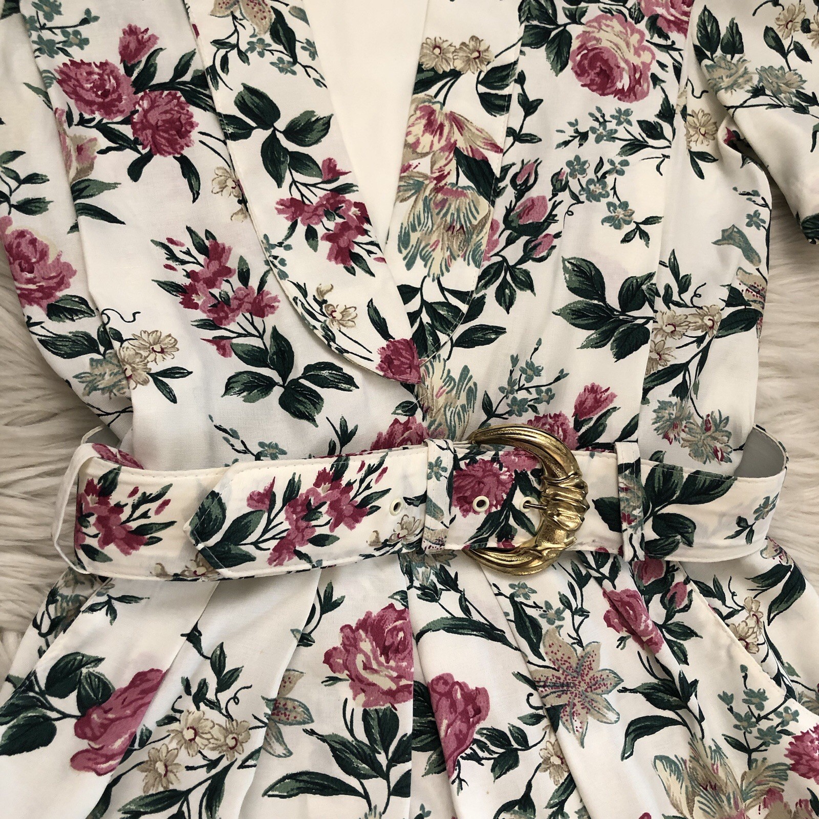 Vintage 70s 80s S.L. Petites Floral Chelsea Belted Short Sleeves White Dress 8