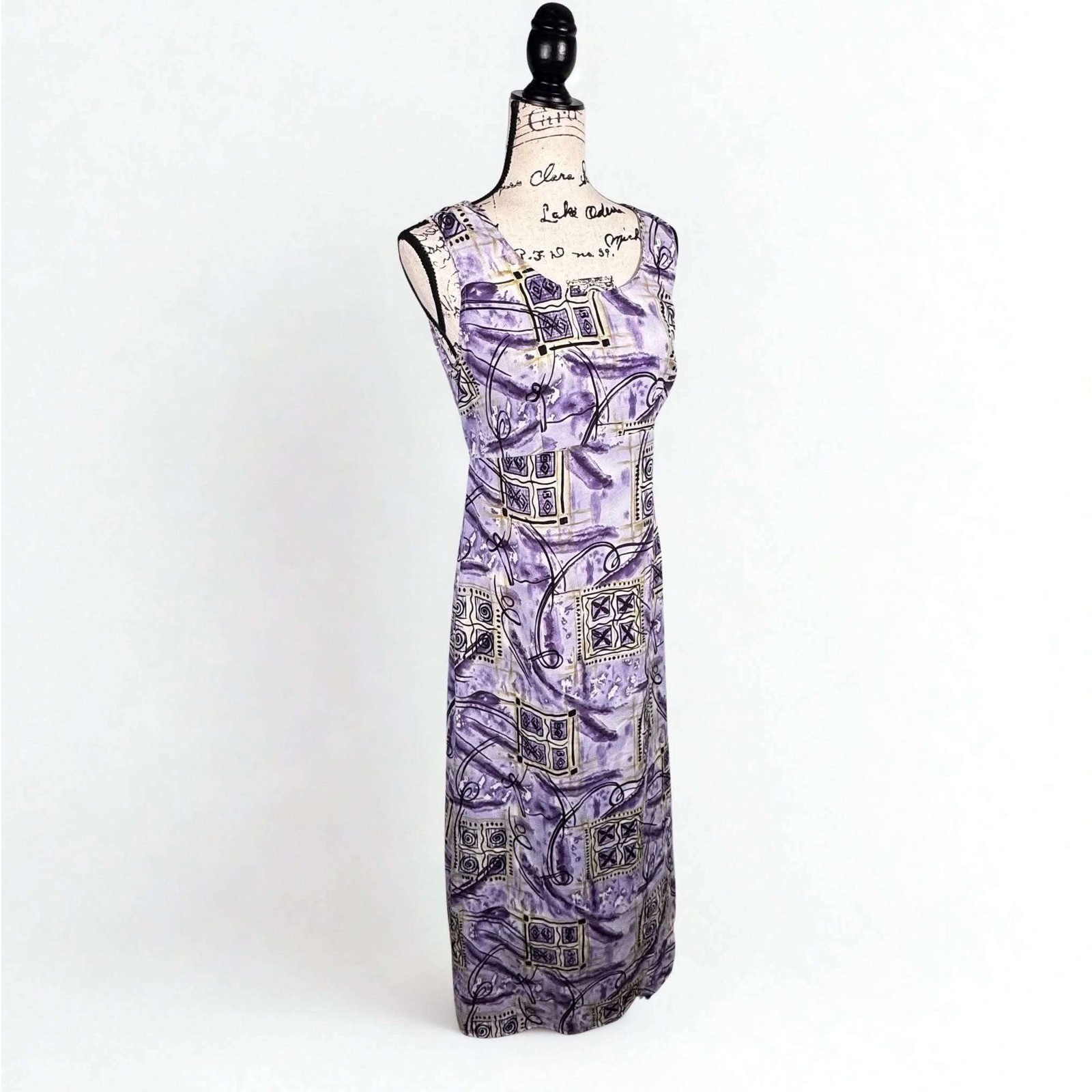 90s Maxi Dress Sleeveless Abstract Geometric Empire Waist Fairy Cottage Sz L