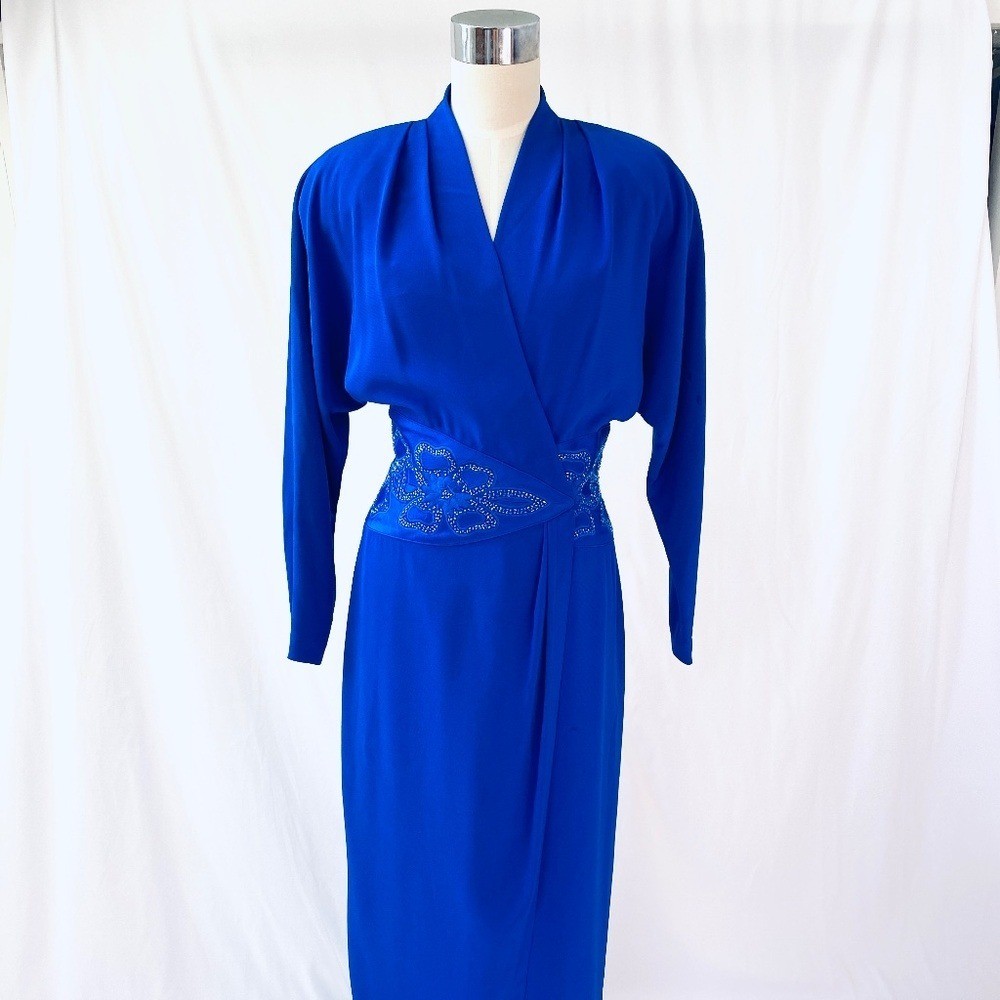 Vintage 80’s Daymor Couture Blue Wrap Style Dress with Beaded Embellishments S