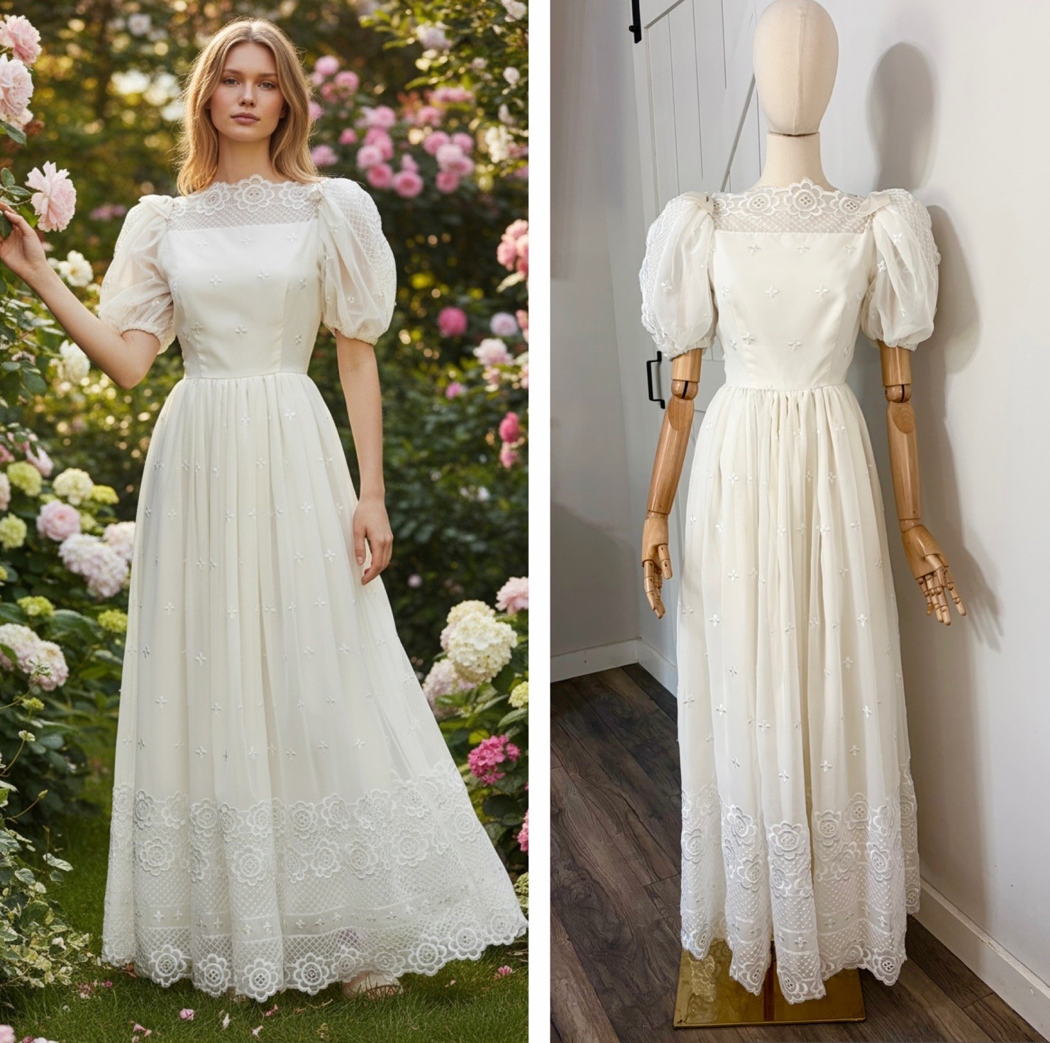 VTG 60s 70s Alyce Design’s Size 8 White Embroidered Long Dress Wedding Formal