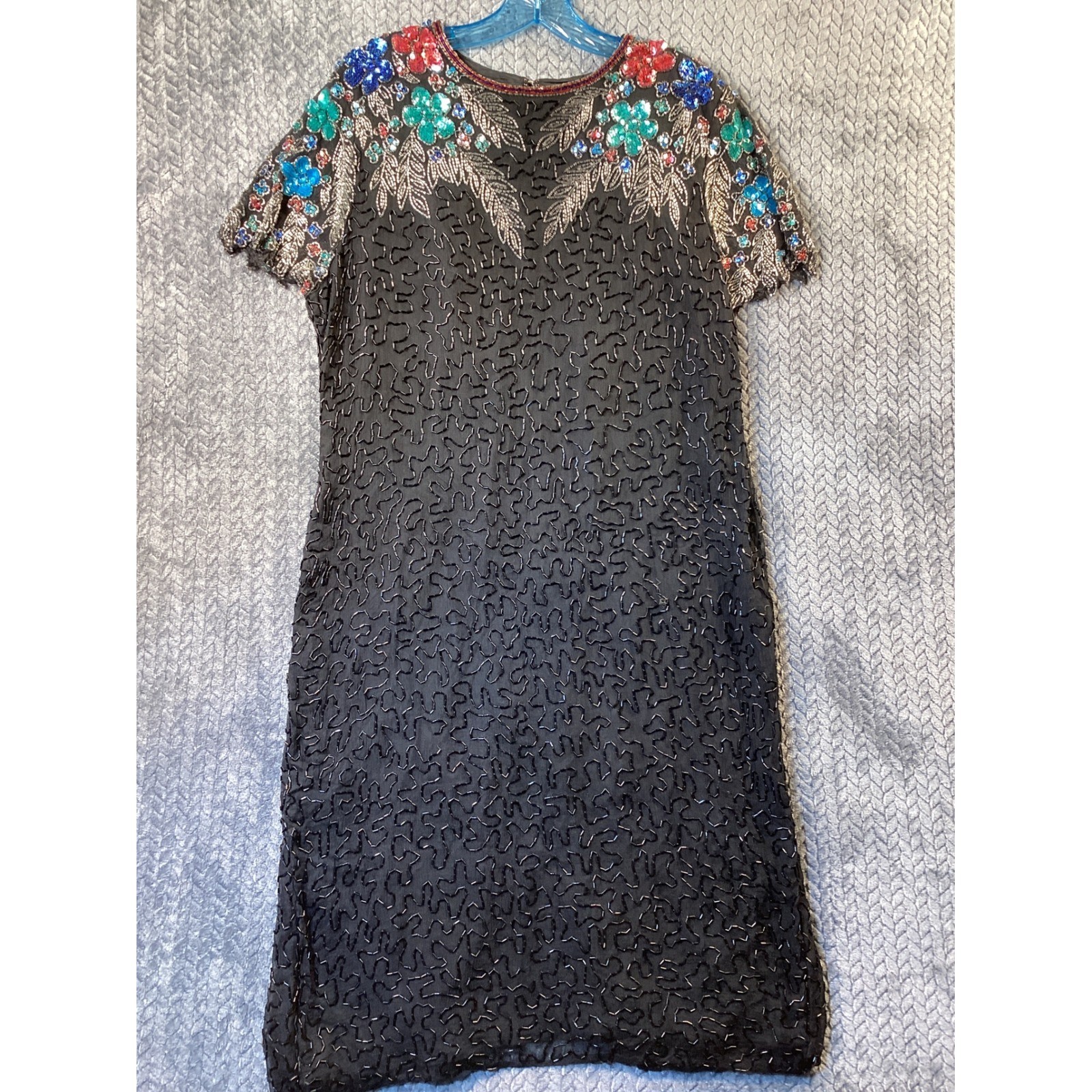Swee Lo Vintage Beaded Silk Dress Black Floral Sequined Keyhole Evening Gown