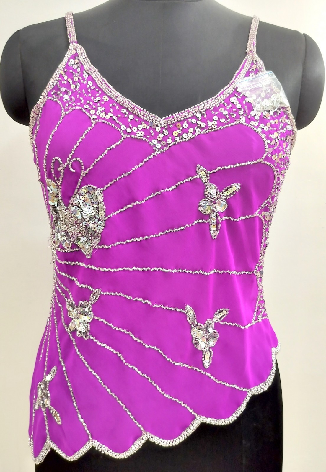 Vintage Y2K Bead Embroidery Costume Sequin Top Blouse Sheer Purple Silver Tunic
