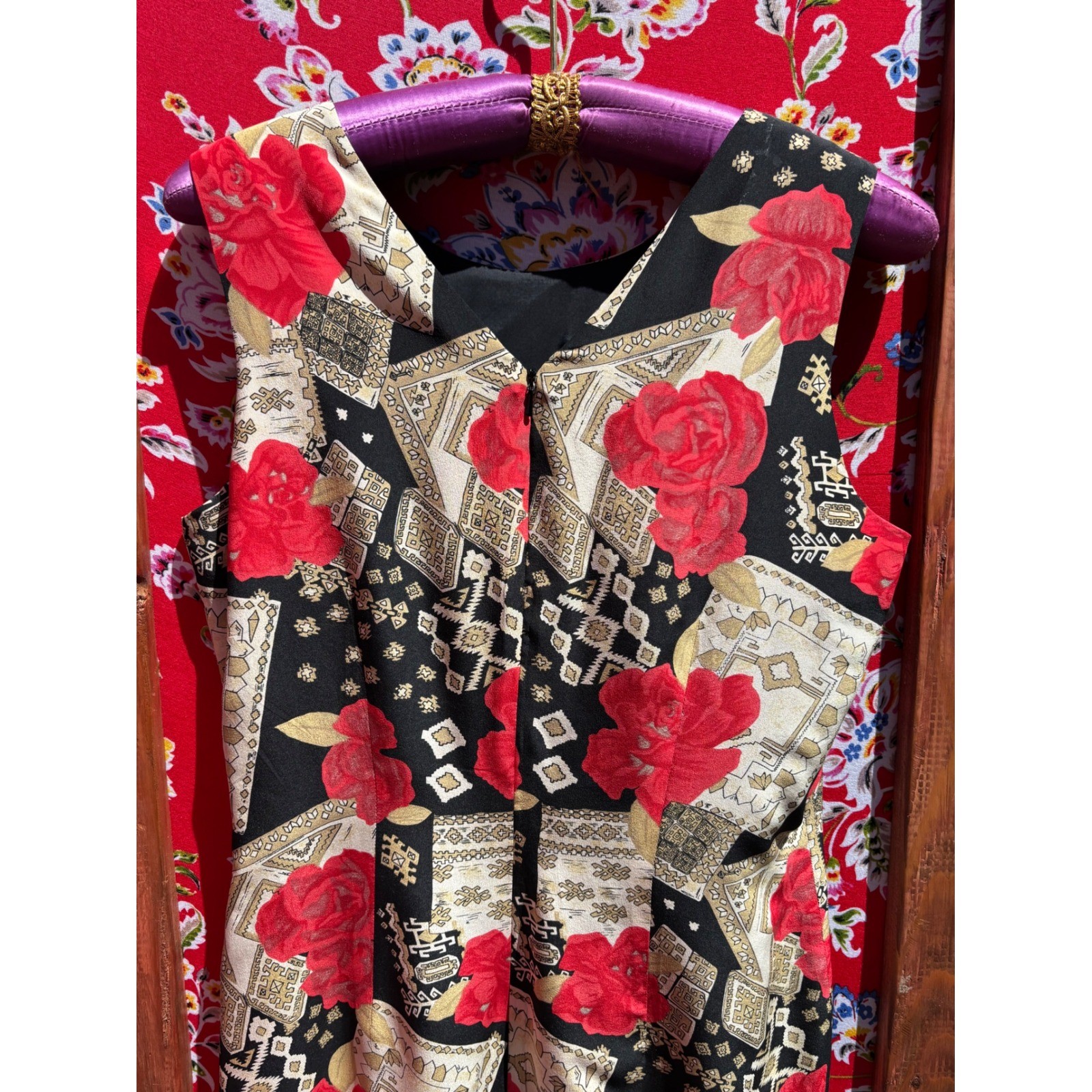 100% Silk Vintage Red Black Patchwork Print Boho Chic Euro Summer Dress Size S-M