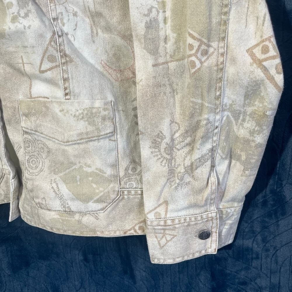 Vintage Chico’s 90’s Design Tribal Printed Beige Denim Jacket Womans Size 2