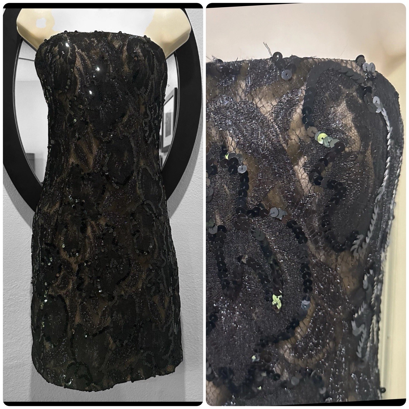 RARE VTG Strapless Black Sequined Floral Mini Dress 4 Cocktail Party Glam 90’s