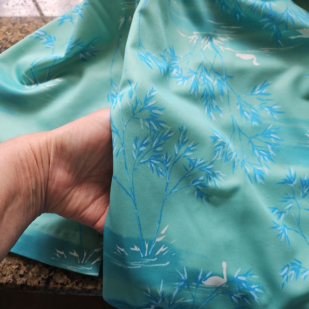 Vtg 70s Asian Pastel Green – Swans Birds Zip Up Robe Lounge Craft Original S/M