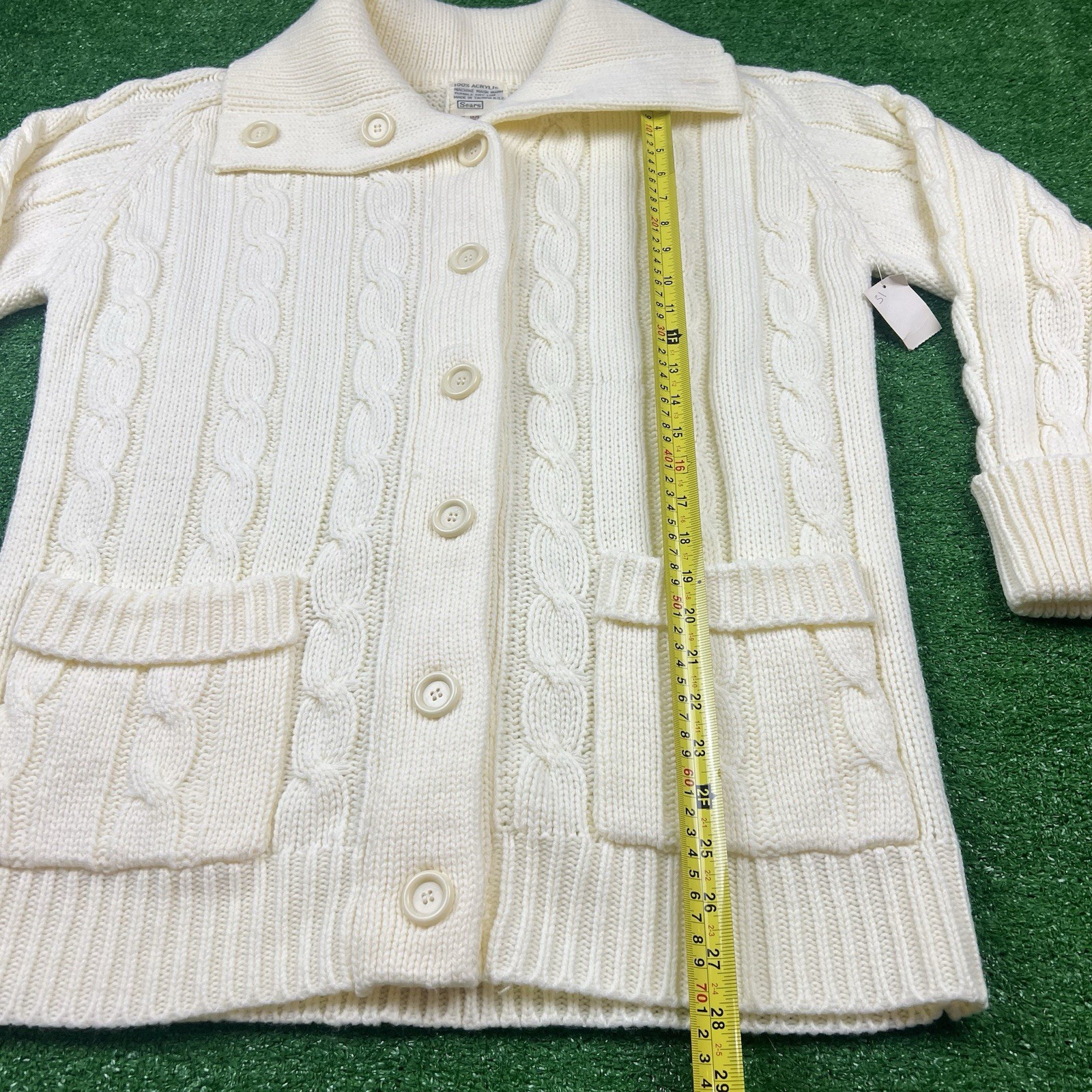 Vintage Sears Ivory Cable-Knit Chunky Fisherman Cardigan Sweater High Neck Sz 42