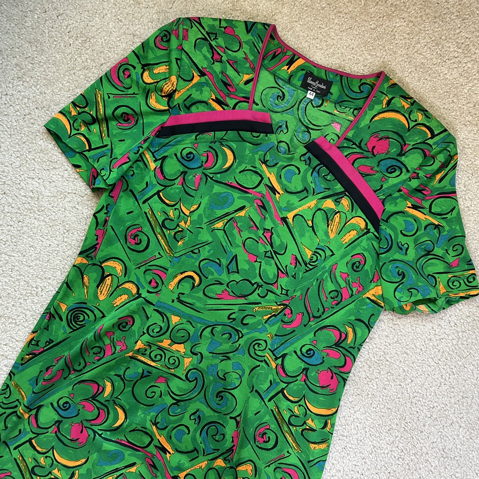 Italy VTG 60s 70s Psychedelic Mod Shift Dress Green Pink Avant-Garde Statement