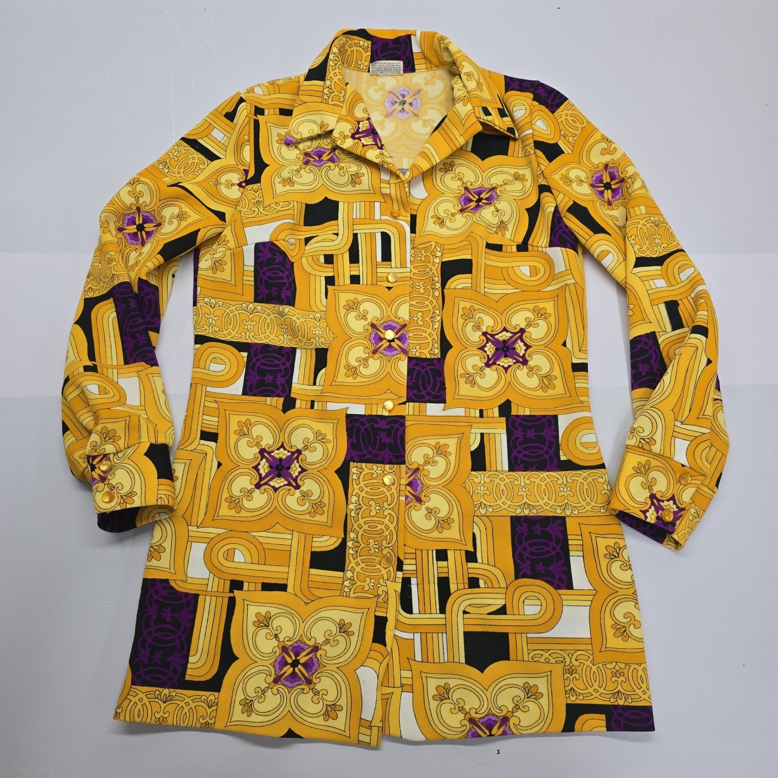 Vintage Pykettes Women Yellow Purple Geometric Medallion Print Button Up Tunic