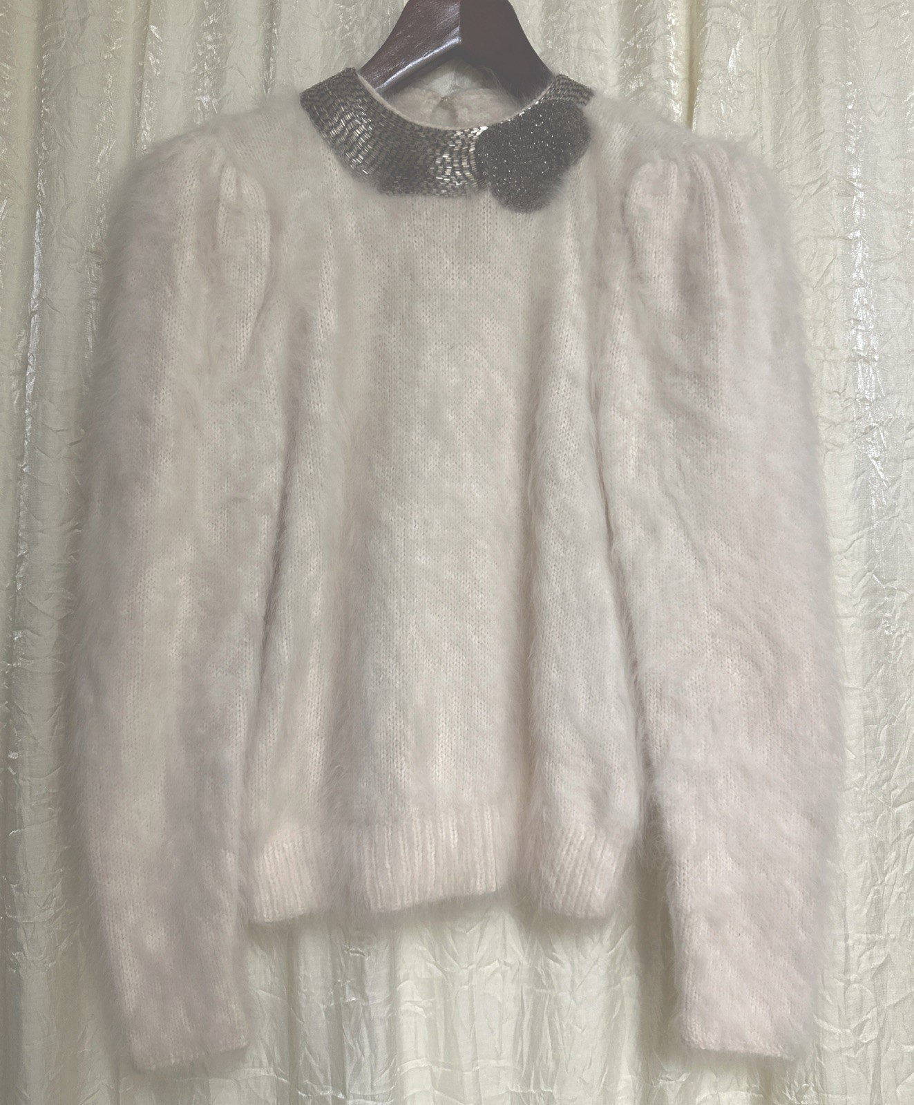 GUCCI VINTAGE 80s White Knit, Sequin Beaded Collar, Angora Sweater SZ S
