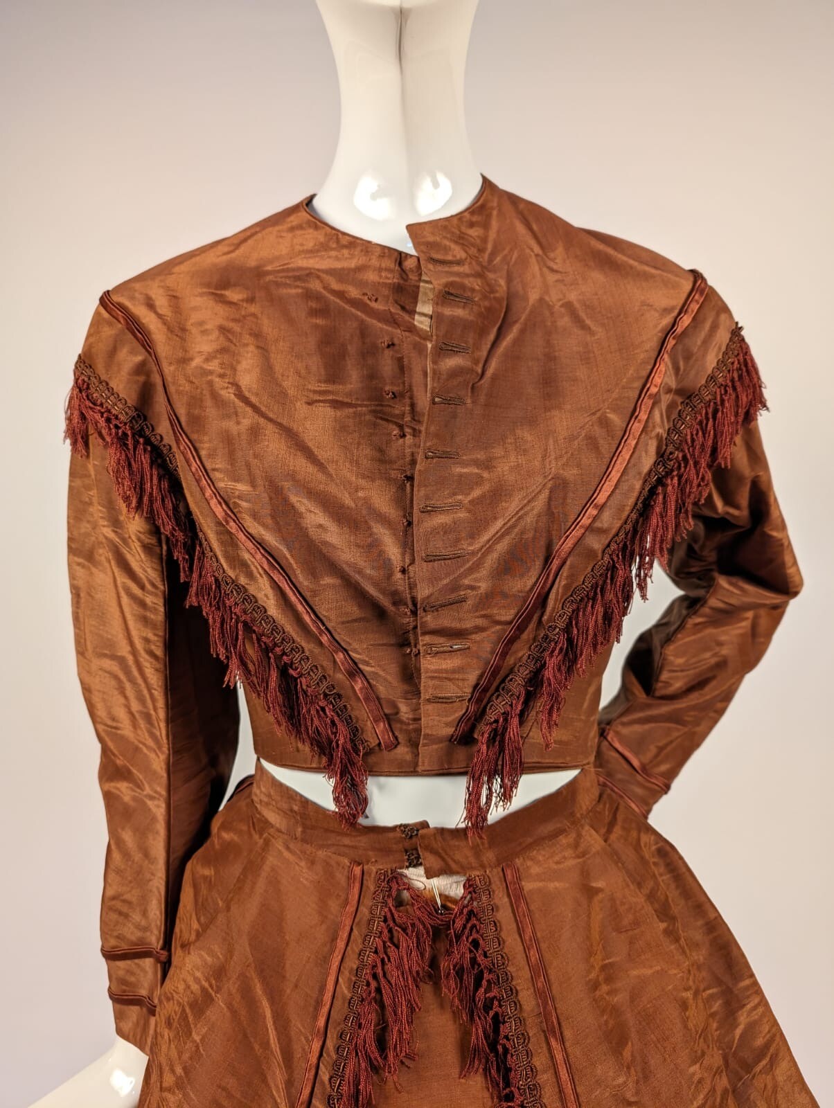 POST CIVIL WAR LATE 1860’S 3 PC BROWN SHINING SILK DRESS W FRINGE